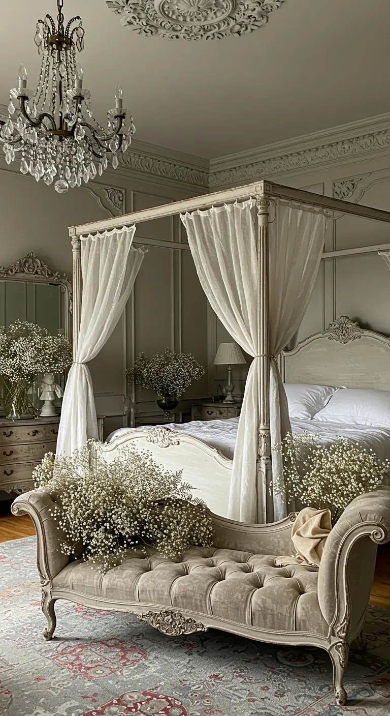 Elegante camera da letto con letto a baldacchino e grandi composizioni di gypsophila.