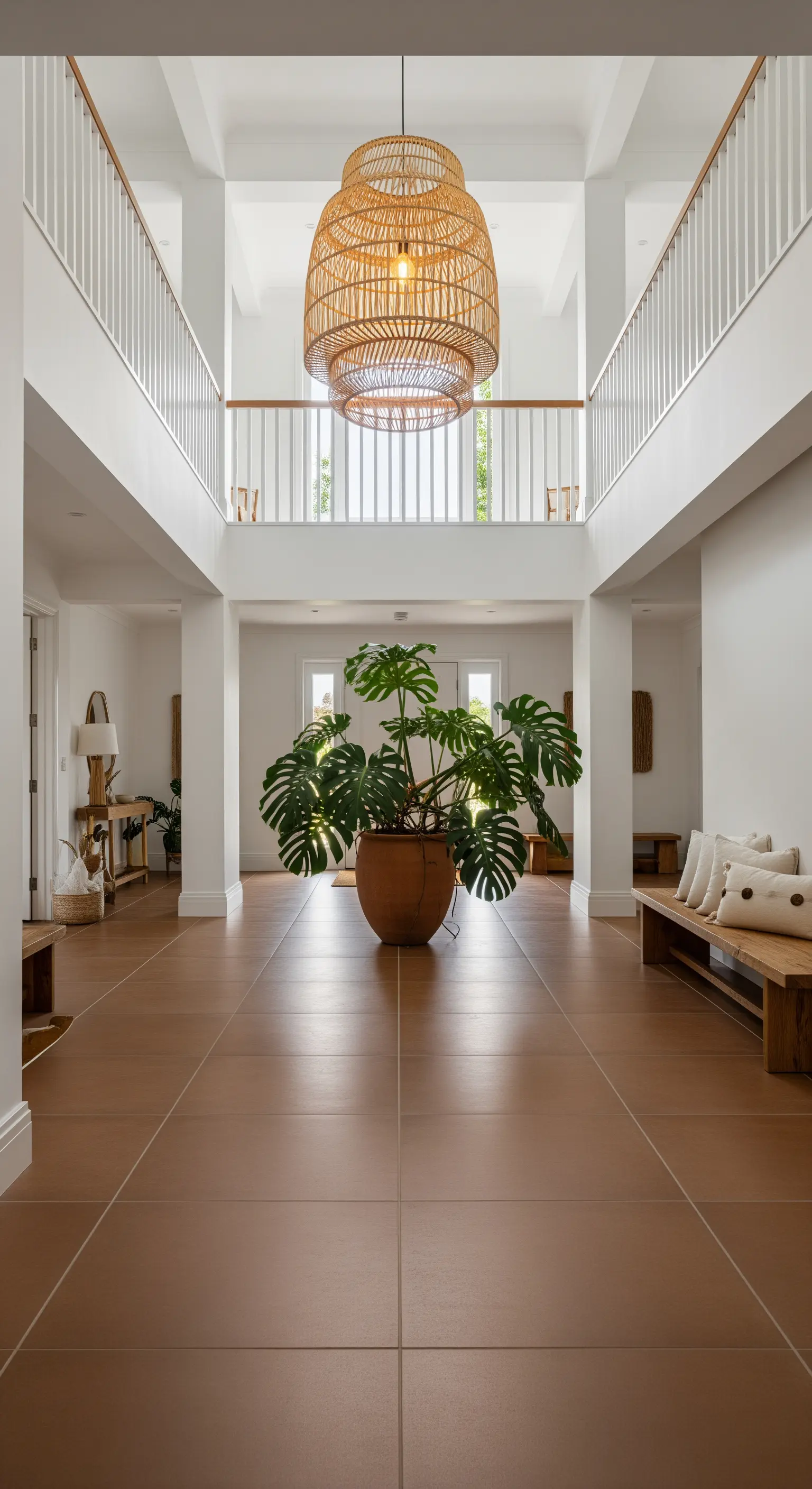 Ingresso a doppia altezza con una grande Monstera in un vaso di terracotta al centro.