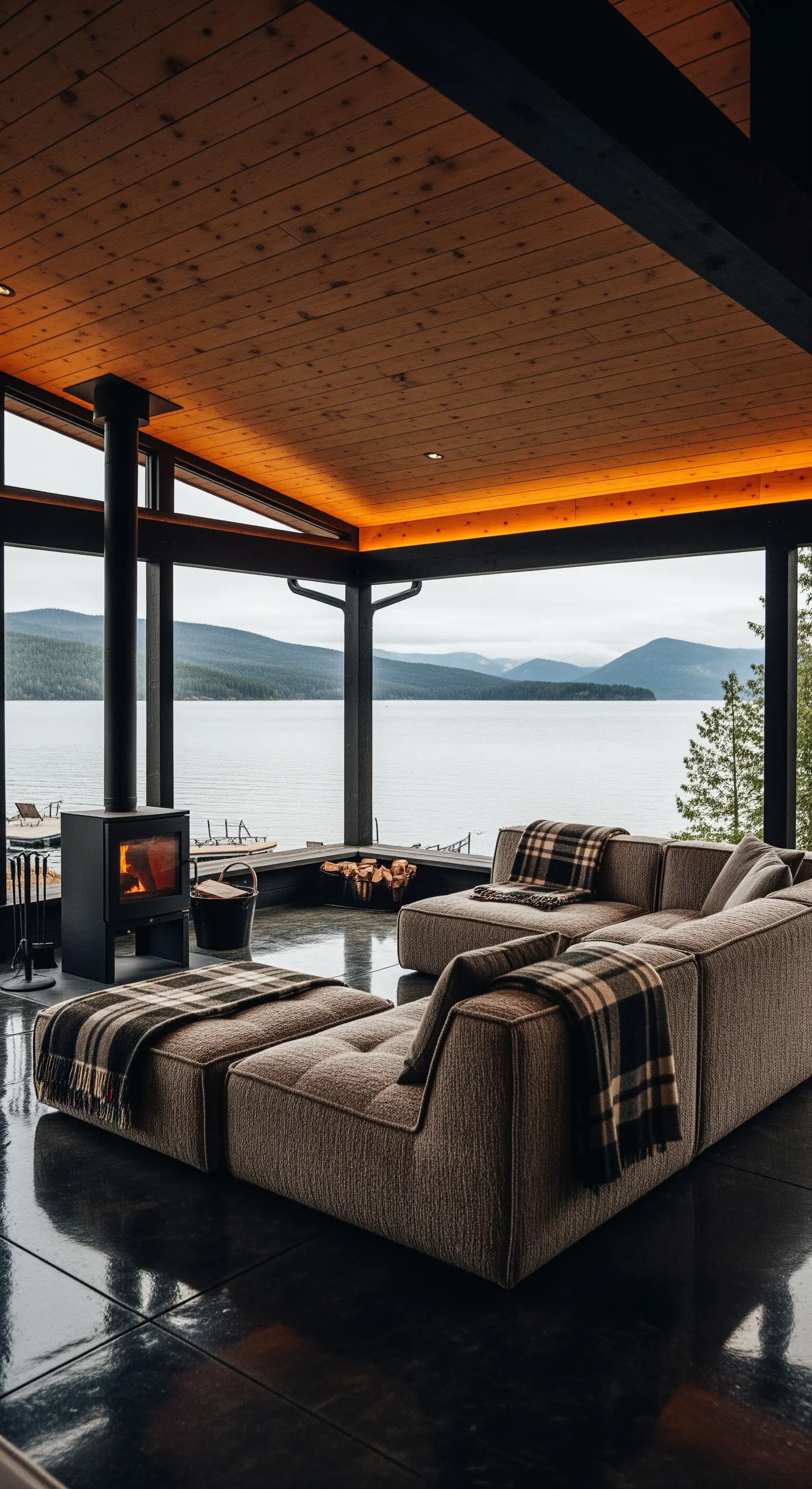 Portico vetrato sul lago con stufa, divano modulare e soffitto in legno con luce calda