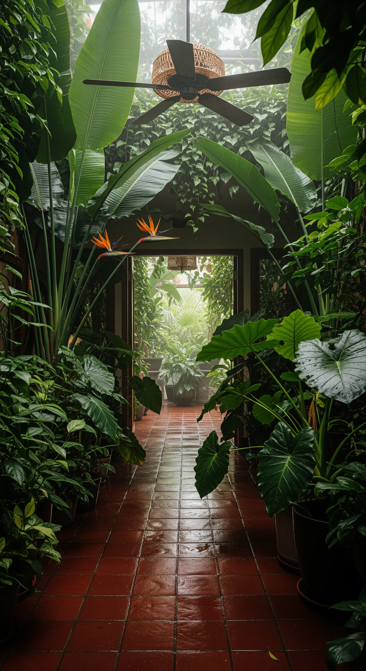 Corridoio vetrato trasformato in una serra, con pavimento in cotto e abbondanti piante tropicali.