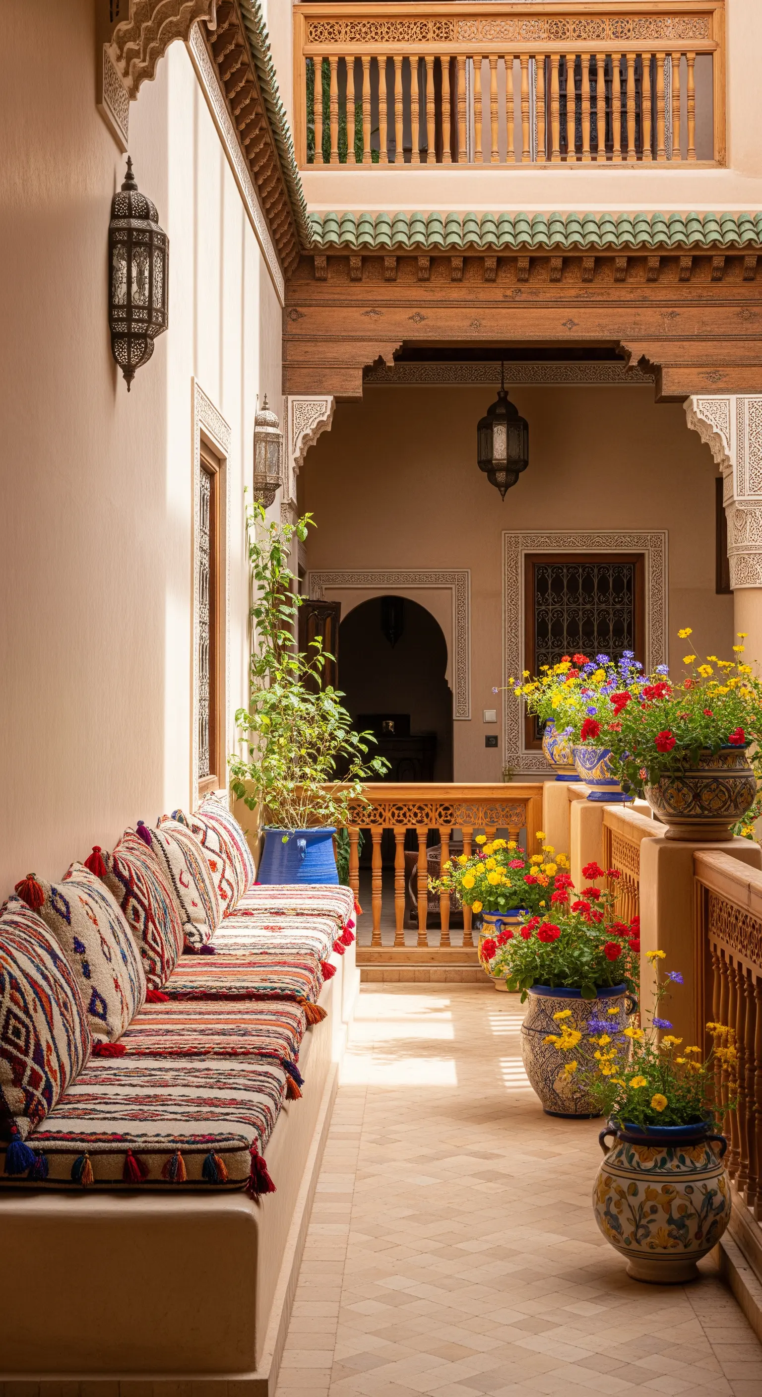 Cortile in stile marocchino con panca in muratura coperta da tessuti etnici e lanterne.
