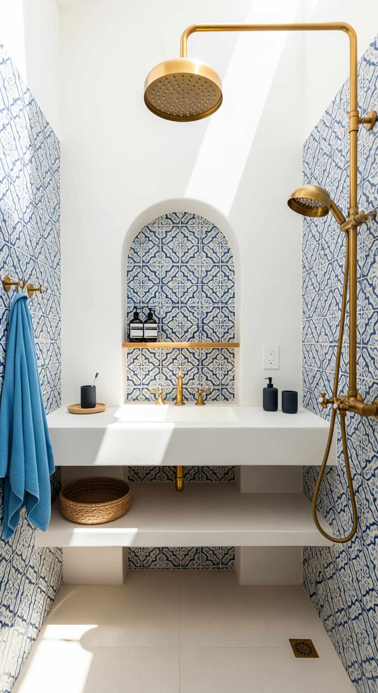 Bagno in stile mediterraneo con lavabo integrato sospeso e piastrelle blu e bianche.