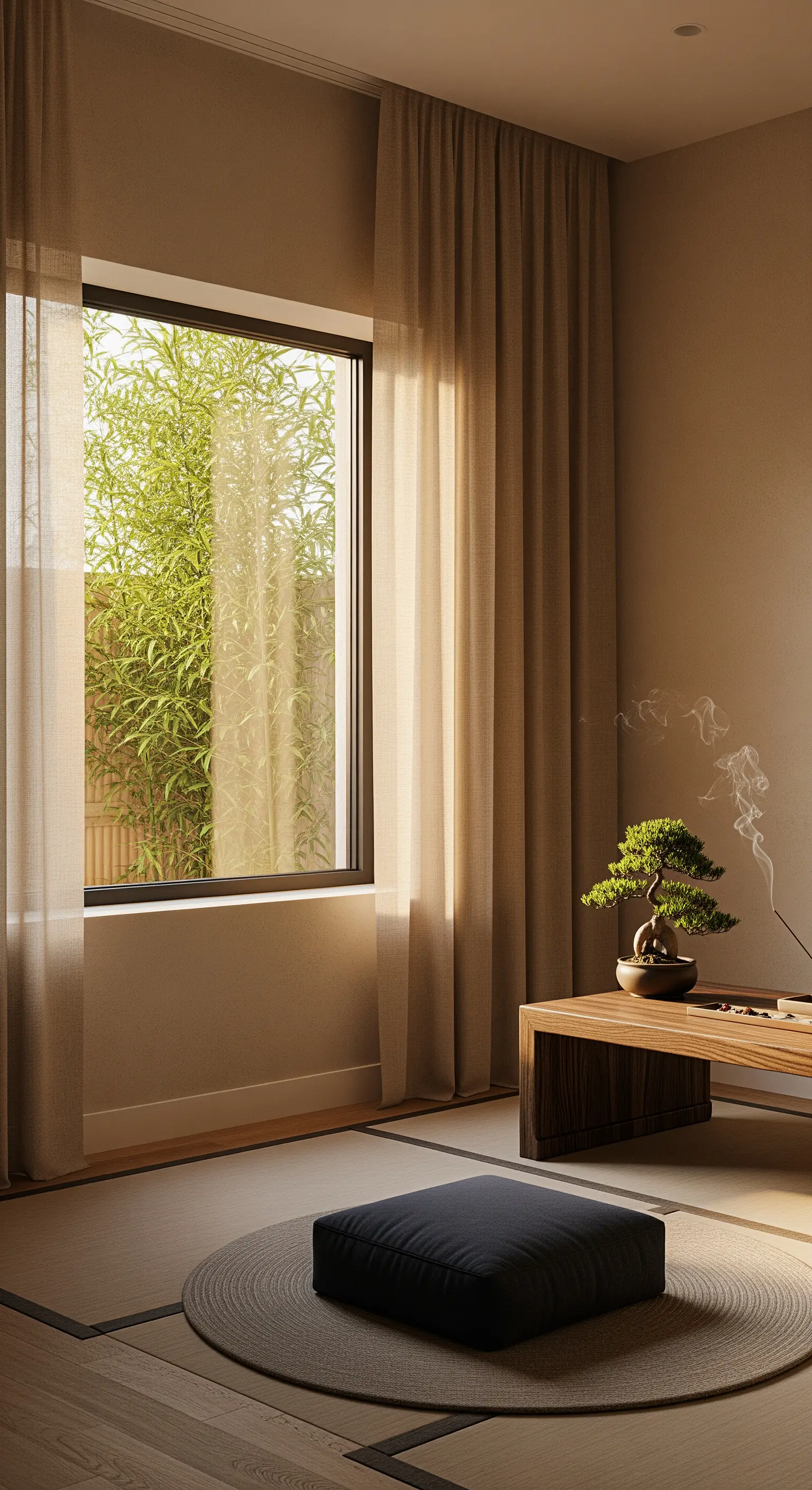Angolo meditazione con tatami, bonsai e tende di lino color sabbia.