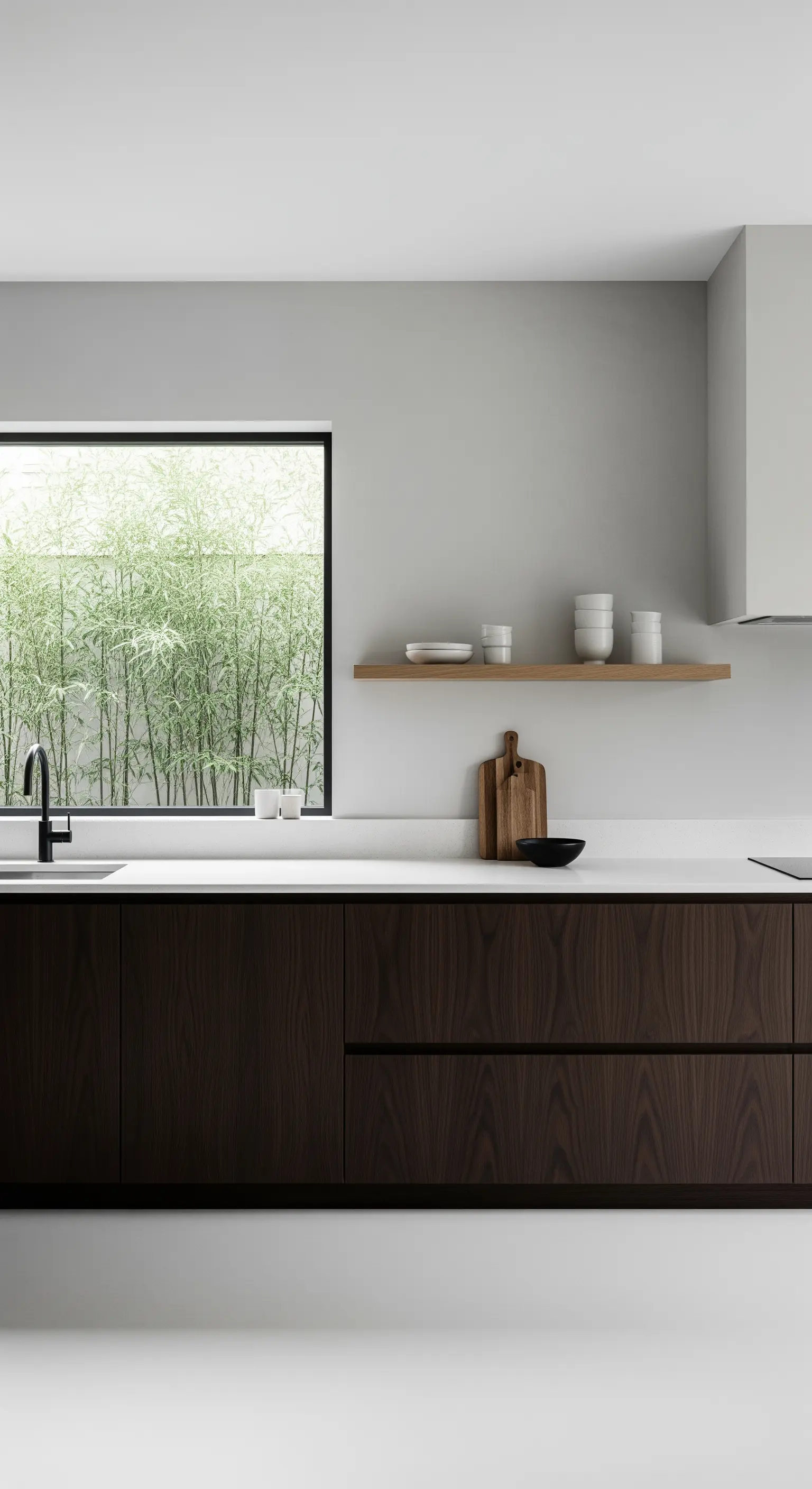 Cucina minimalista con mobili in legno scuro, finestra sul verde e una singola mensola.