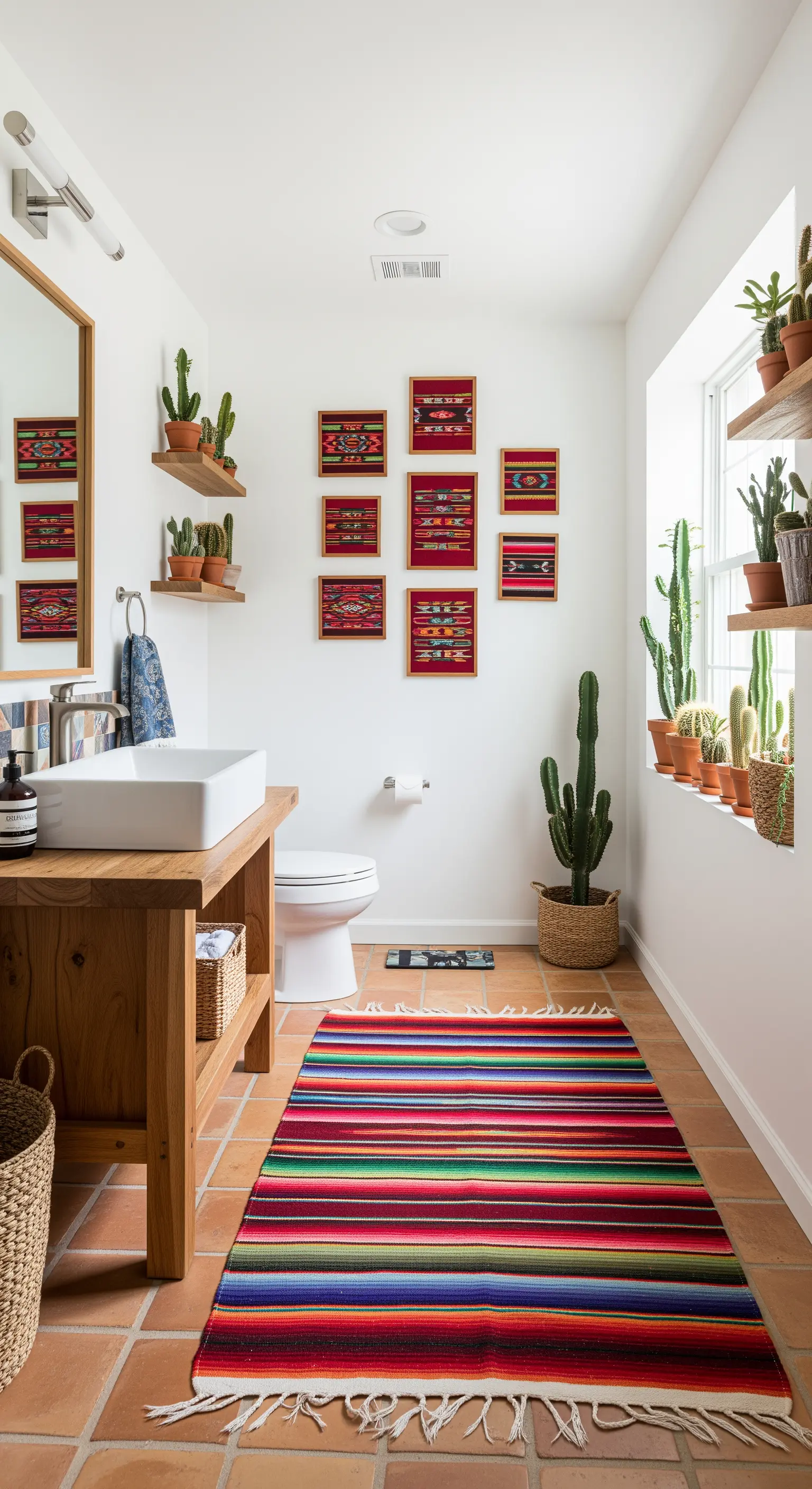 Bagno in stile sud-ovest con tappeto a righe, pavimento in cotto e piccoli tessuti incorniciati.