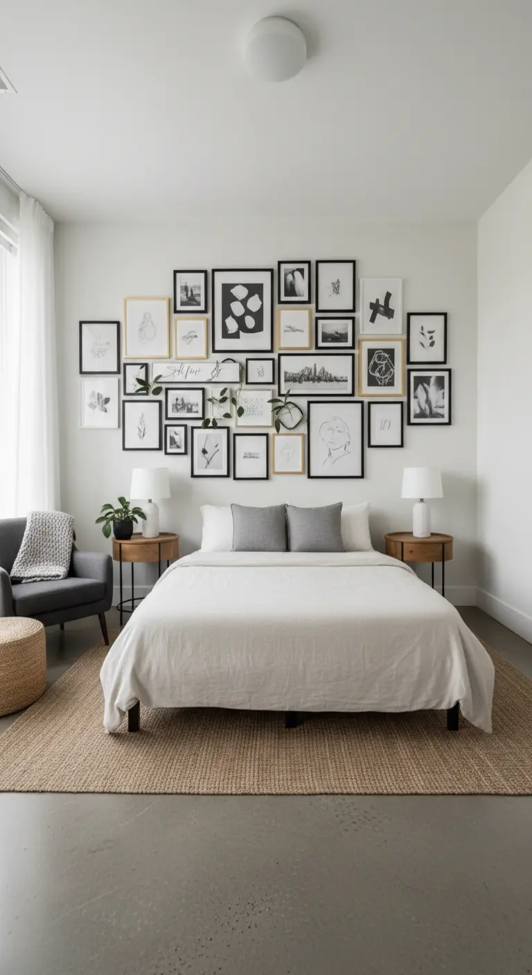 Grande gallery wall con cornici bianche e nere sopra un letto in una camera da letto moderna.