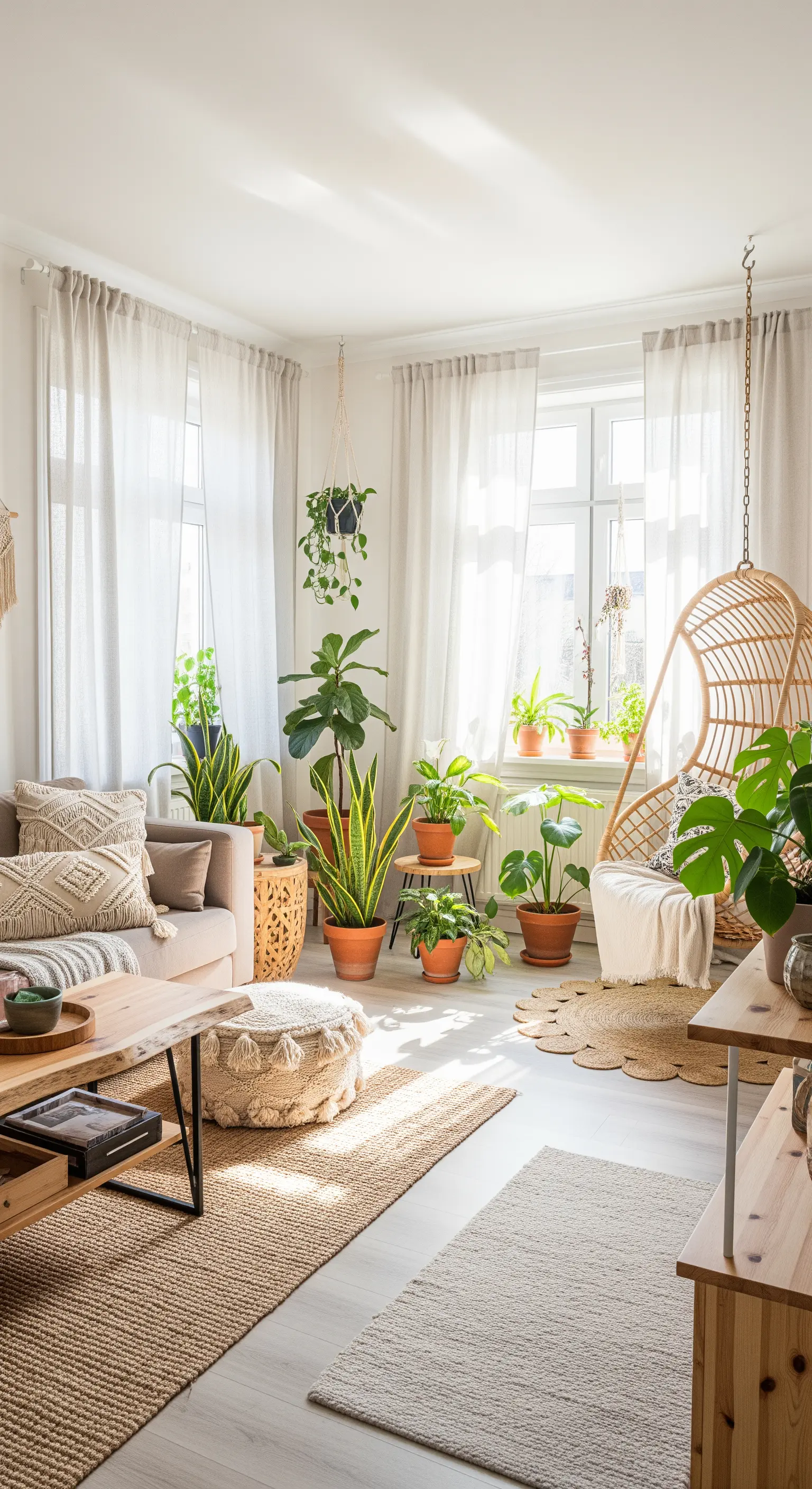Salotto scandinavo in stile boho con molte piante, poltrona sospesa in rattan e tessuti naturali.