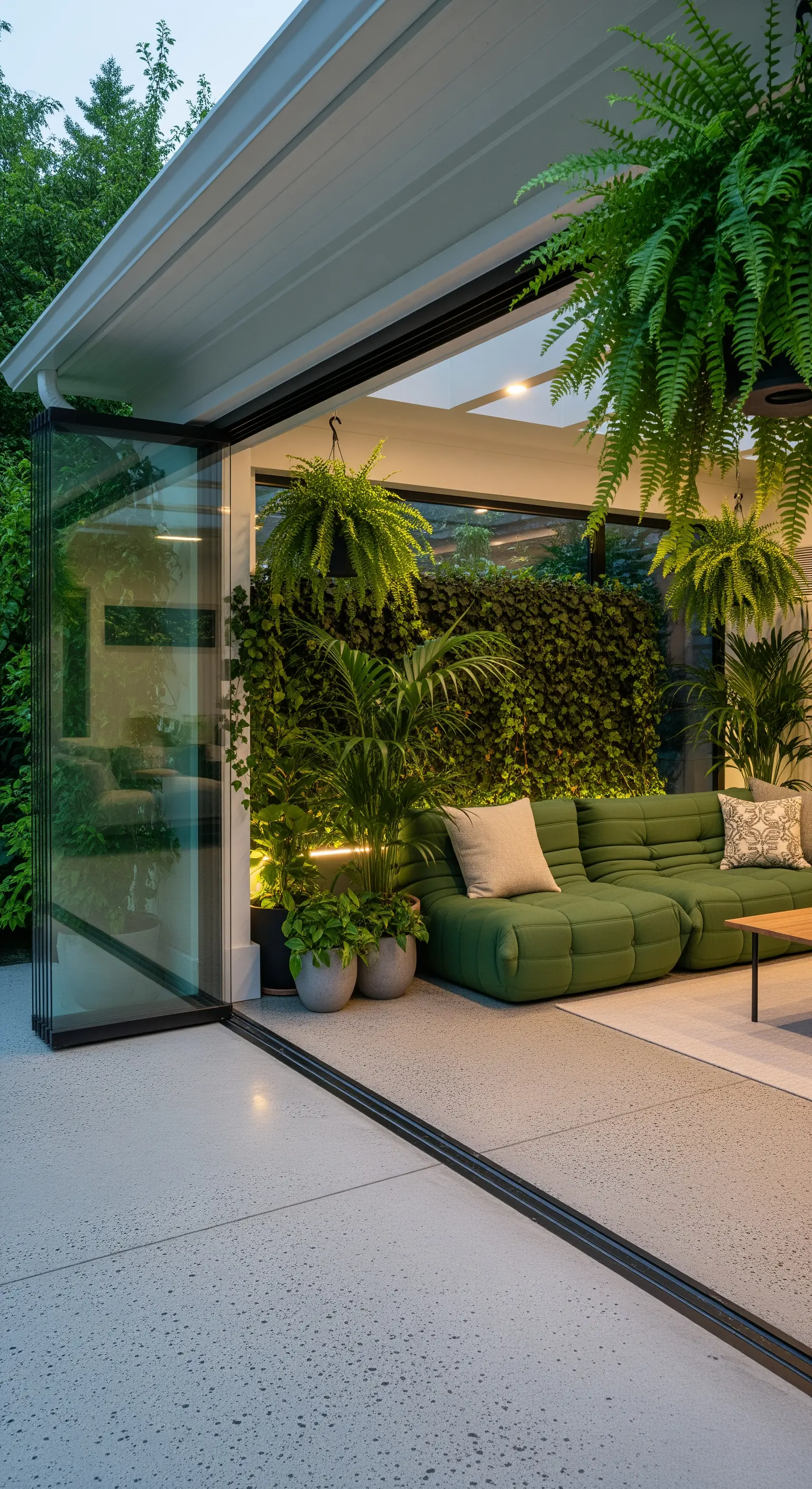 Portico con parete vetrata apribile, divano verde e una lussureggiante parete vegetale