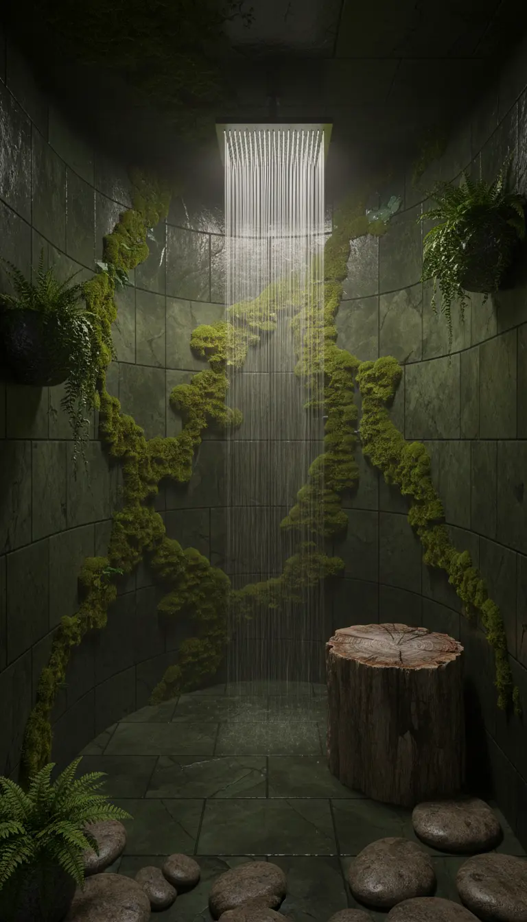 Doccia scura a effetto grotta con piastrelle verdi, muschio sulle pareti e un tronco come seduta.
