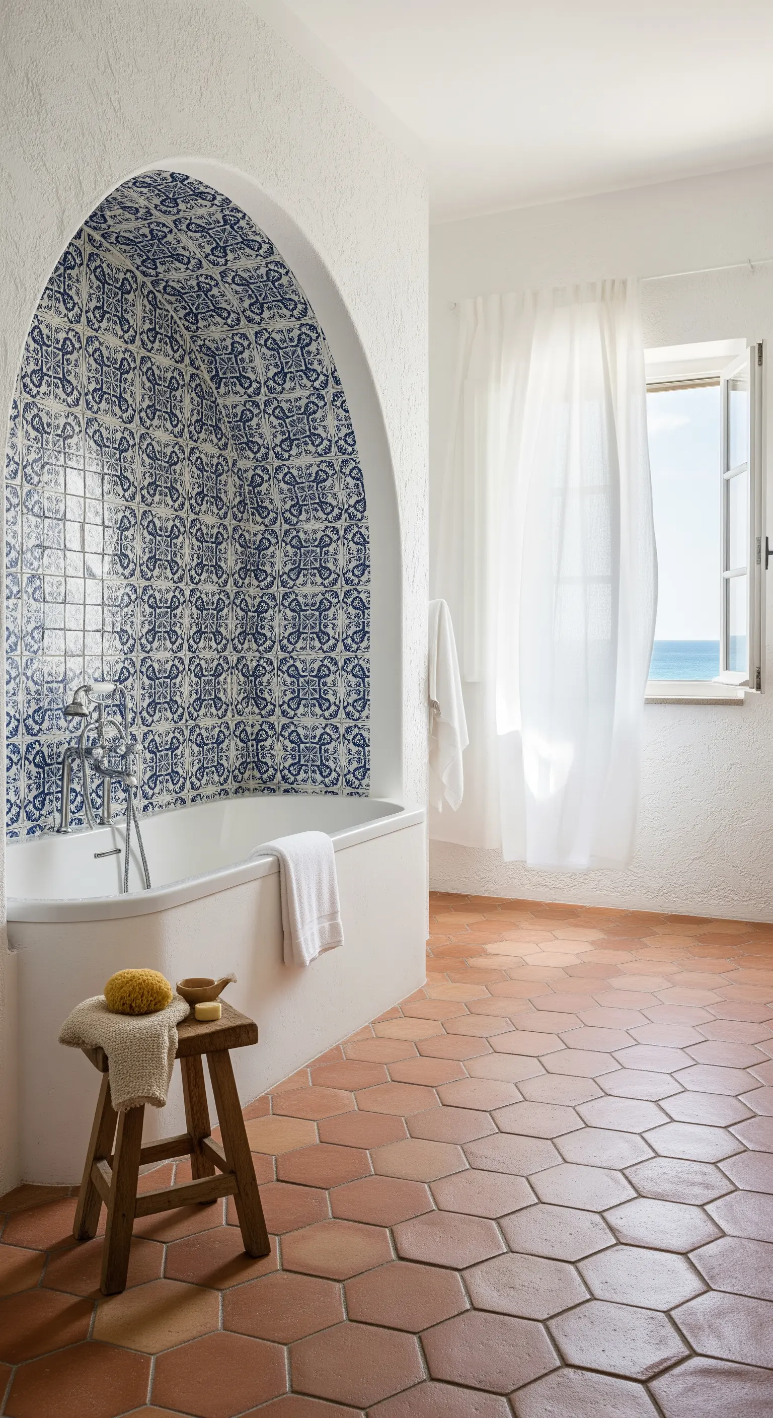 Nicchia ad arco con maioliche blu sopra la vasca e pavimento in cotto esagonale.