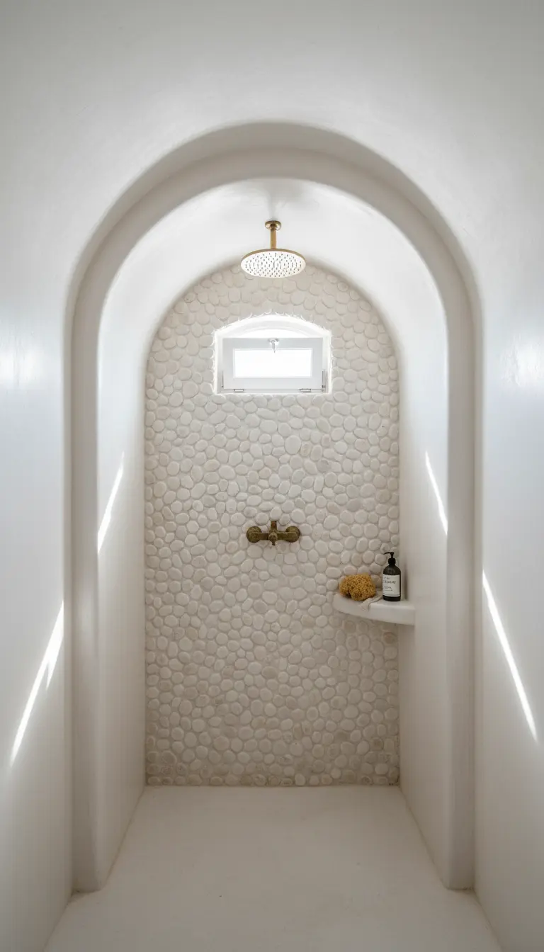 Doccia a nicchia ad arco con parete di fondo rivestita di ciottoli bianchi e rubinetteria dorata.