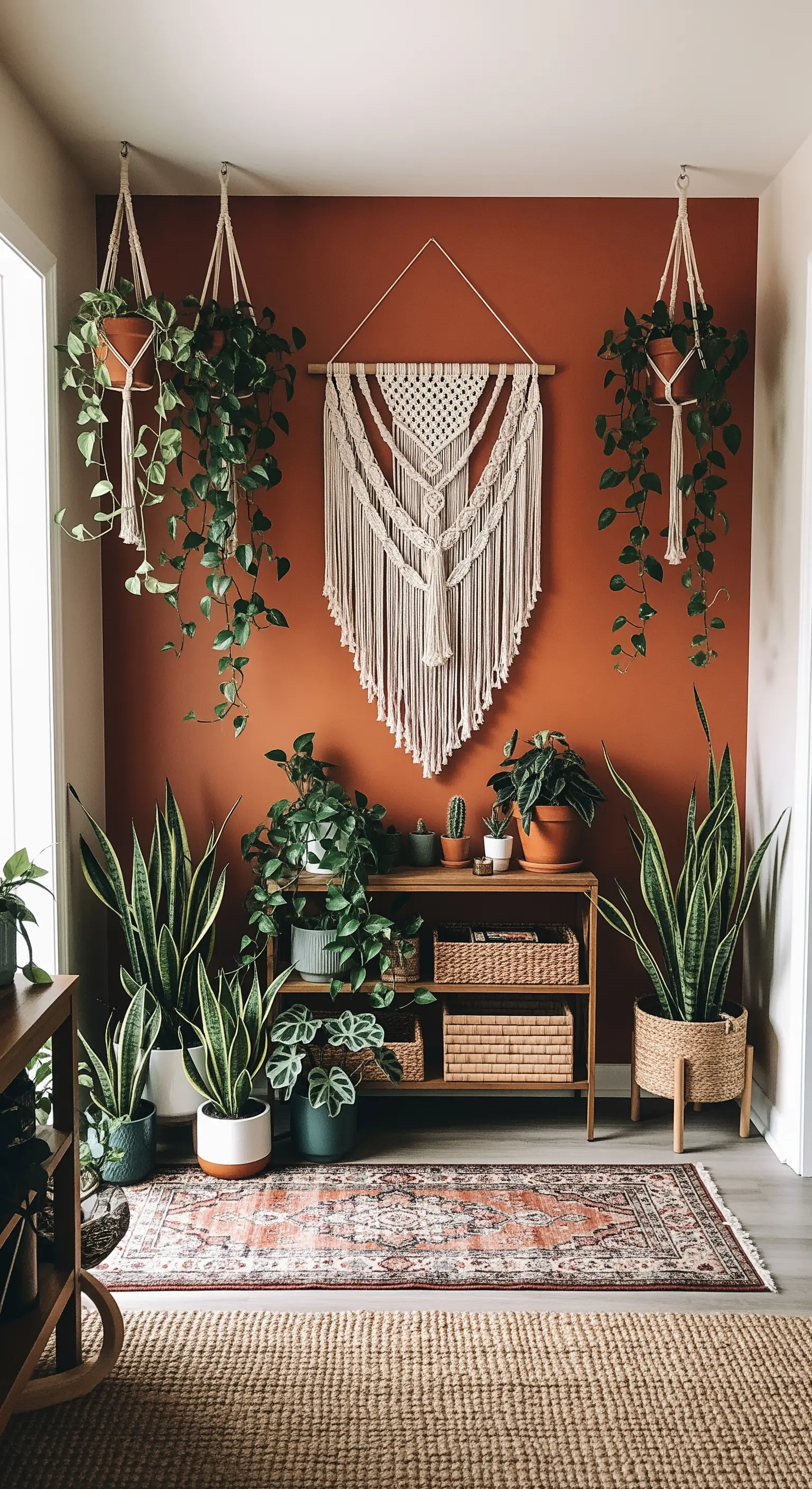 Parete color terracotta con un grande arazzo in macramè e numerose piante da interno.