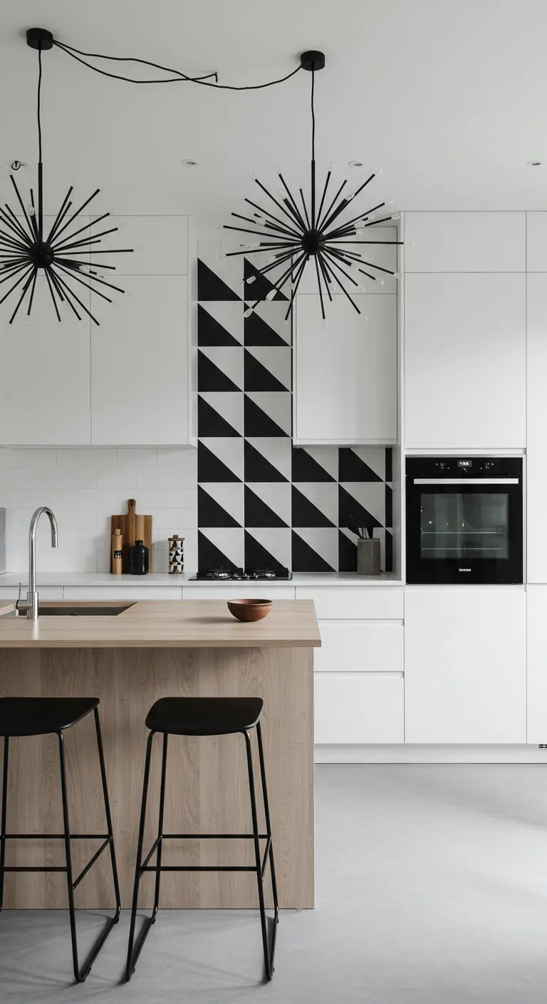 Cucina bianca e legno con una parete di piastrelle a motivo triangolare bianco e nero.