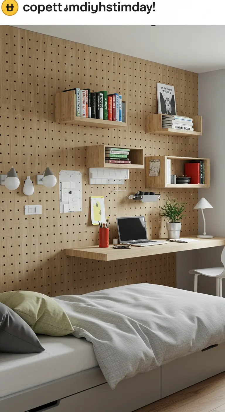 Parete interamente rivestita con un pannello forato che supporta scrivania e mensole modulari.