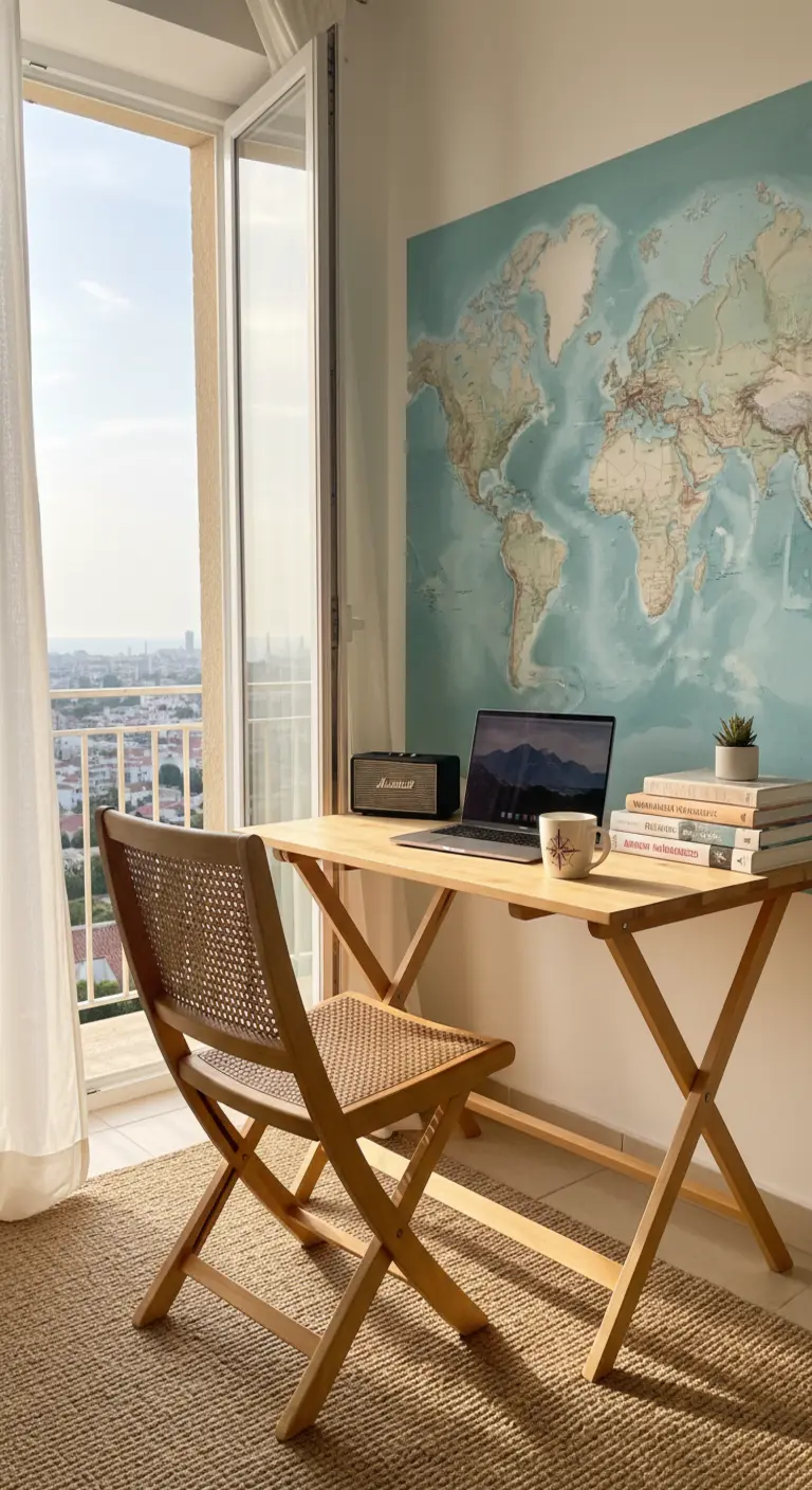 Scrivania e sedia pieghevoli in legno e rattan vicino a una porta finestra con vista sulla città.