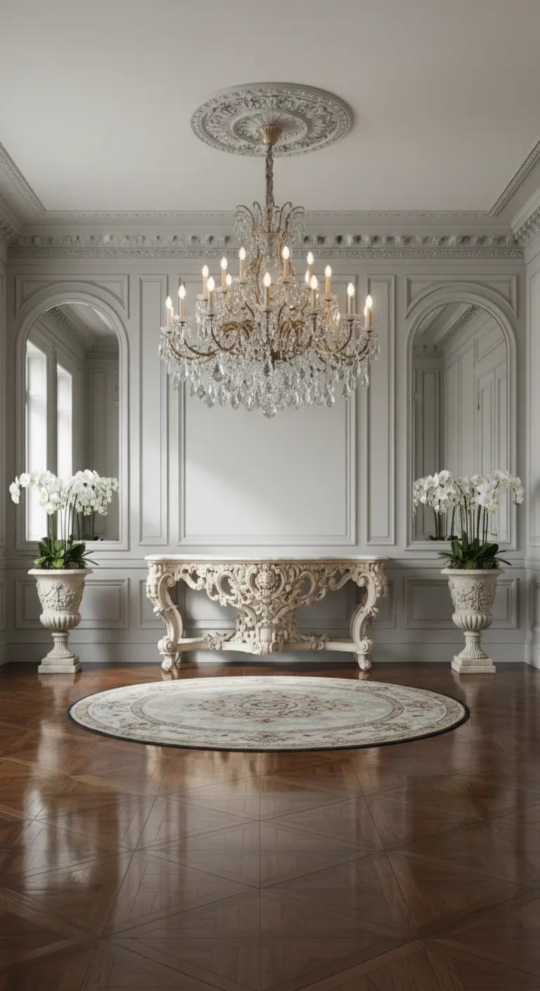 Ingresso neoclassico con boiserie, consolle intagliata, lampadario di cristallo e vasi simmetrici.