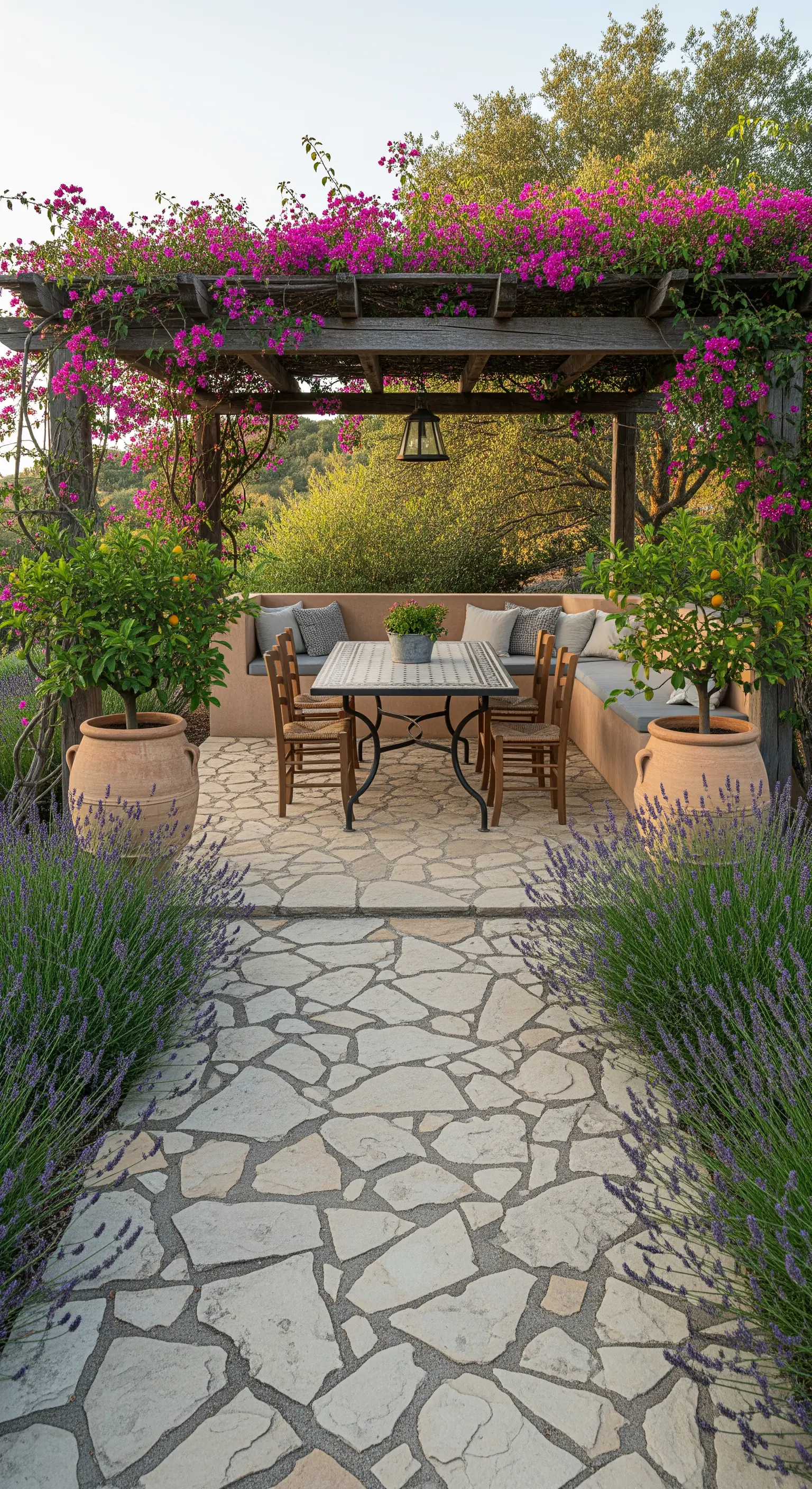 Pergolato in legno ricoperto di bouganville, con sedute in muratura e un sentiero di lavanda.