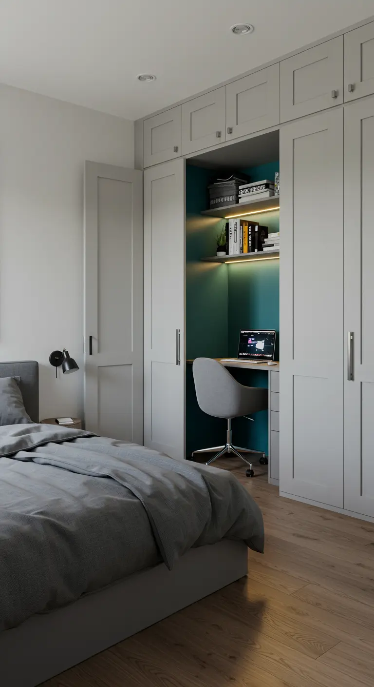 Nicchia-scrivania color ottanio ricavata in un armadio grigio, con illuminazione integrata.