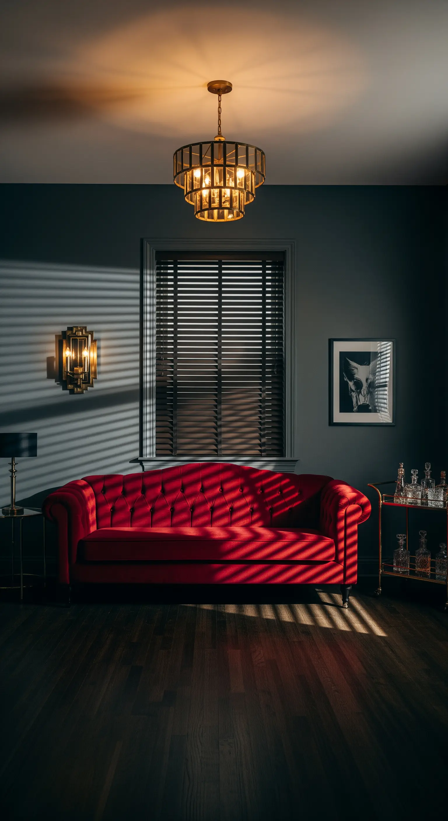 Divano Chesterfield rosso illuminato dalla luce che filtra da una veneziana in una stanza buia.