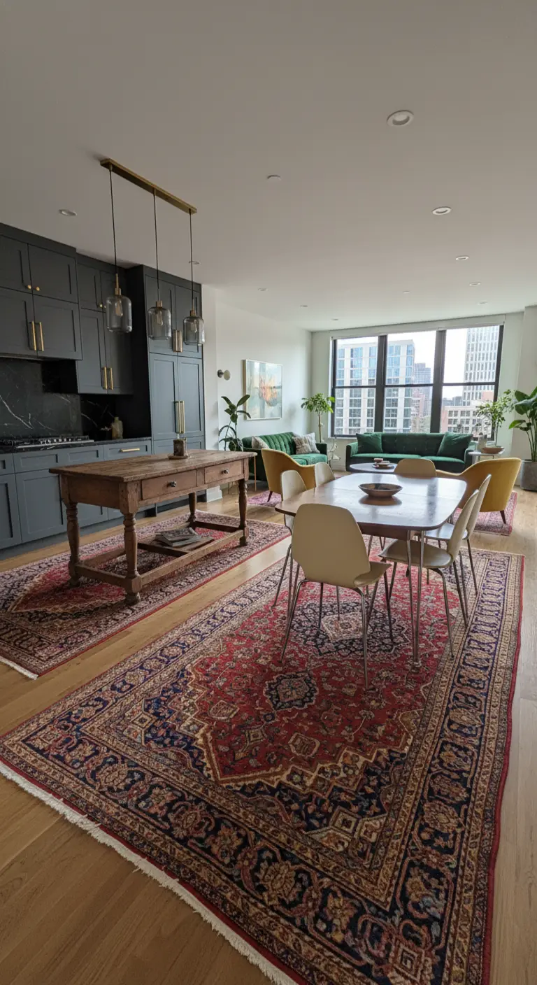Cucina open space che si affaccia sul soggiorno, con due tappeti persiani coordinati.
