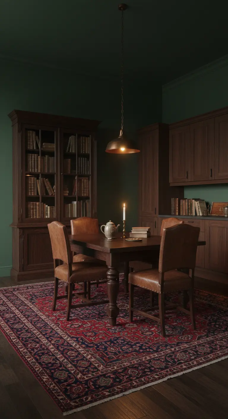 Sala da pranzo scura con libreria in legno, pareti verdi e tappeto persiano.