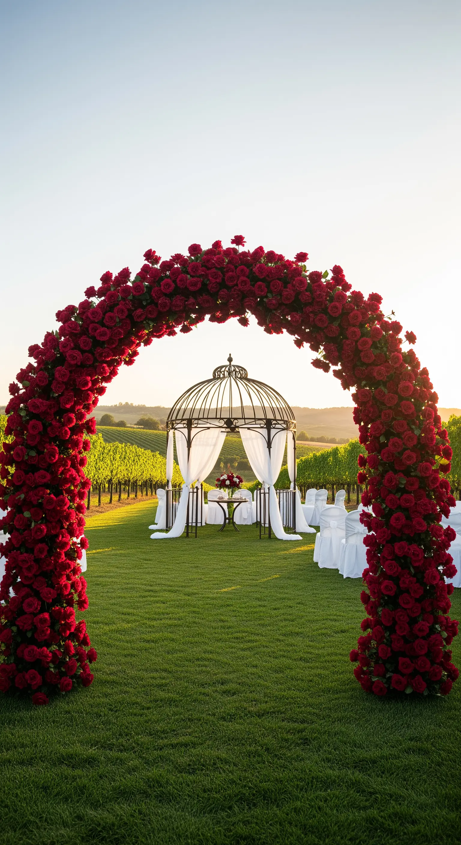 Un imponente arco di rose rosse incornicia un gazebo con tende bianche per un evento all'aperto.