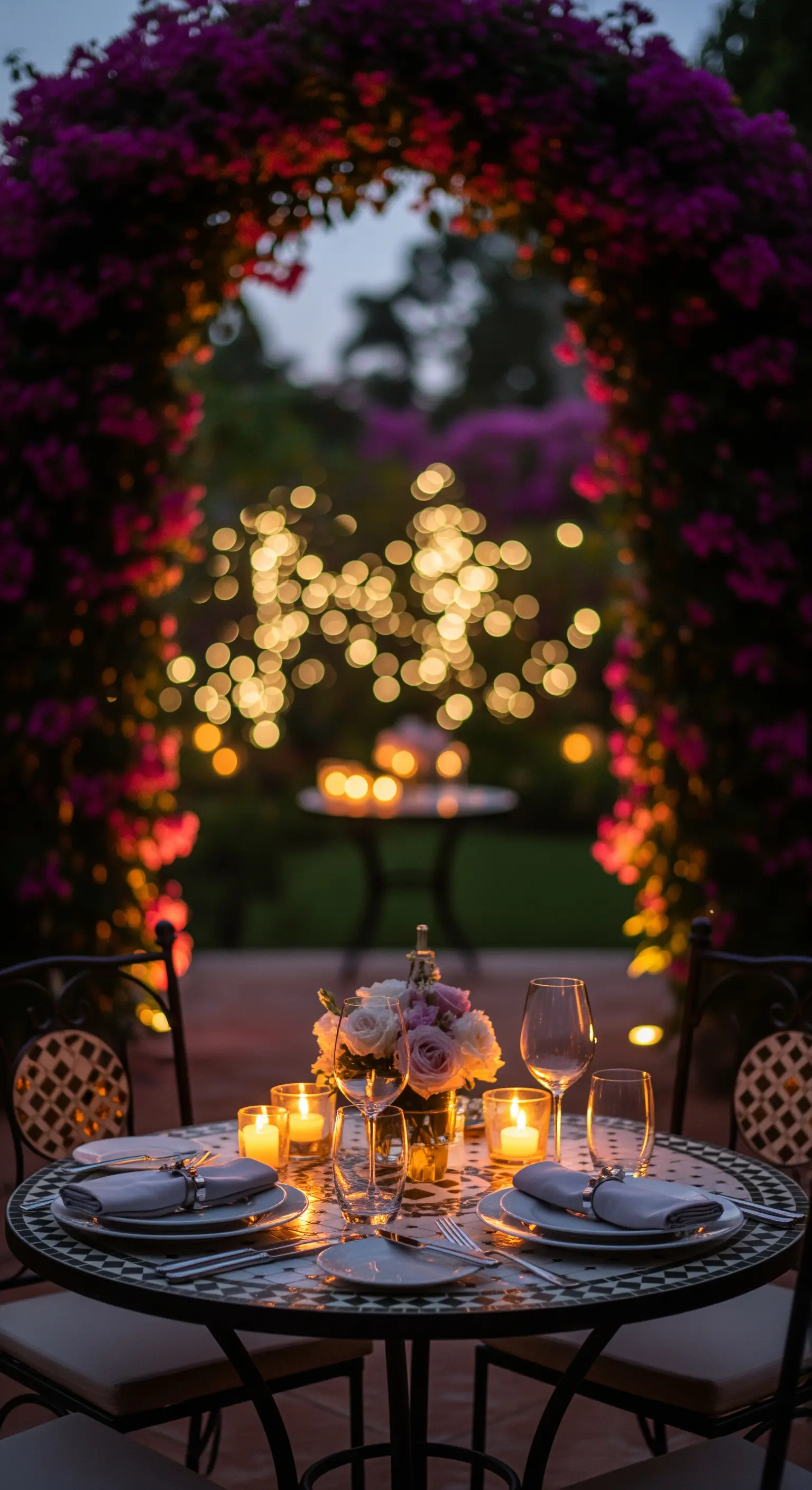 Cena romantica per due con candele e luci sfocate sullo sfondo.
