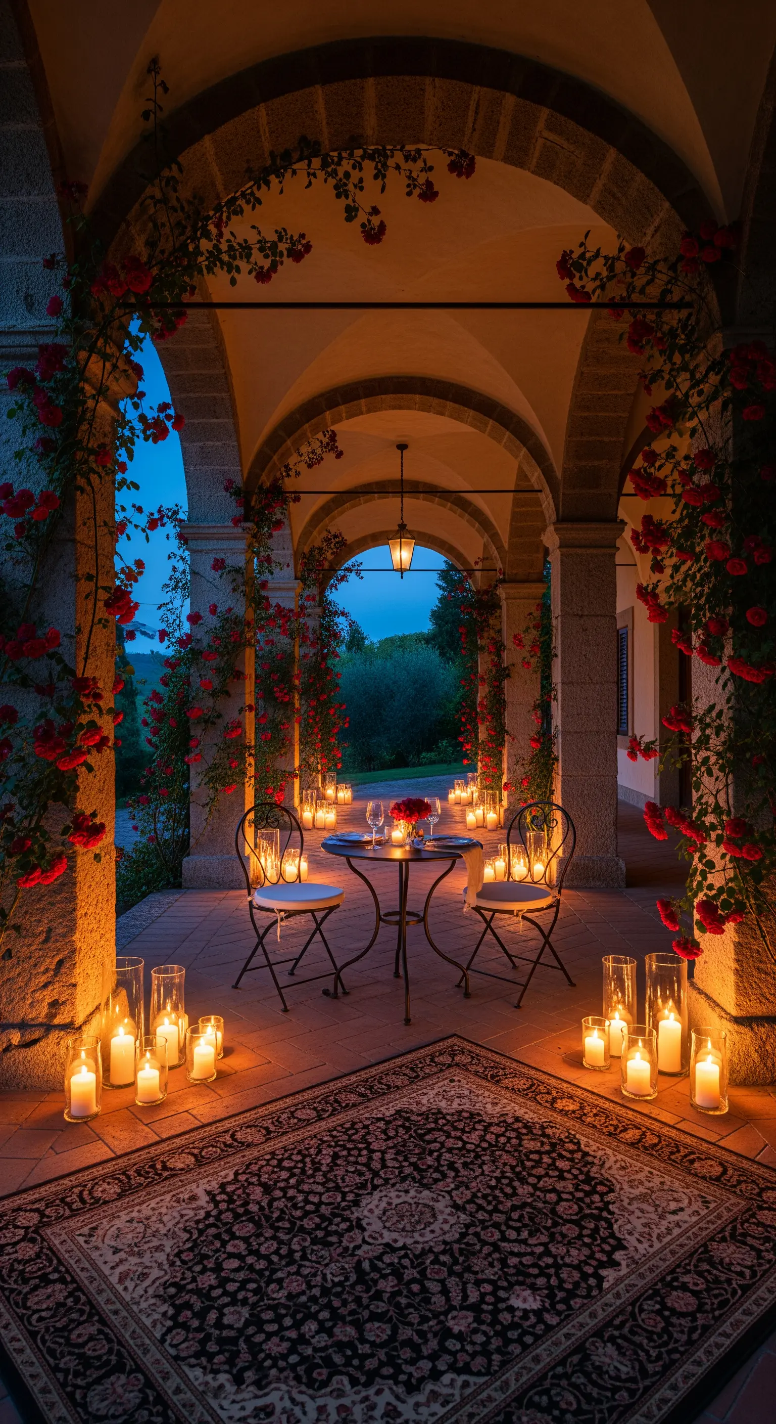 Portico in pietra con arcate di rose rosse, illuminato da decine di candele e un tappeto persiano
