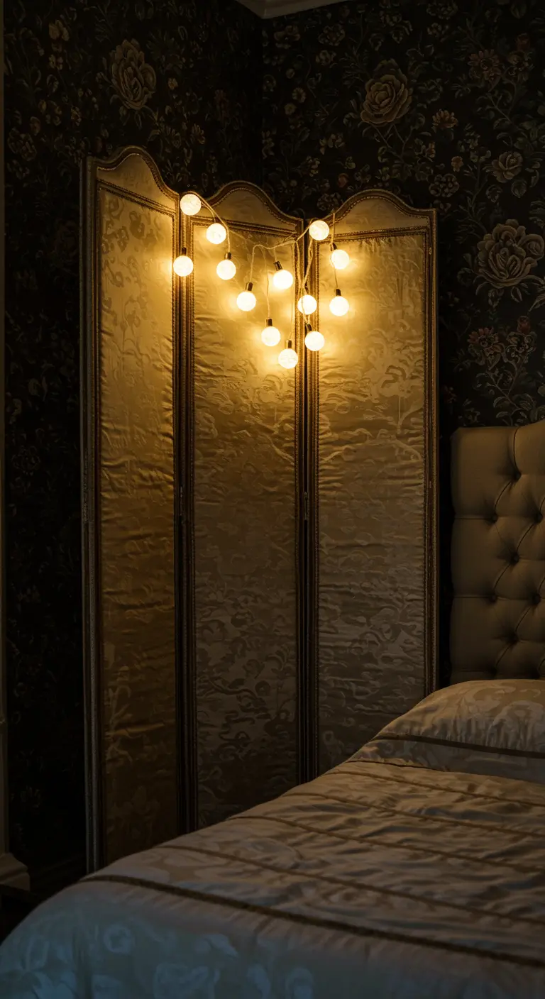 Paravento in tessuto damascato con luci a globo drappeggiate sulla parte superiore.