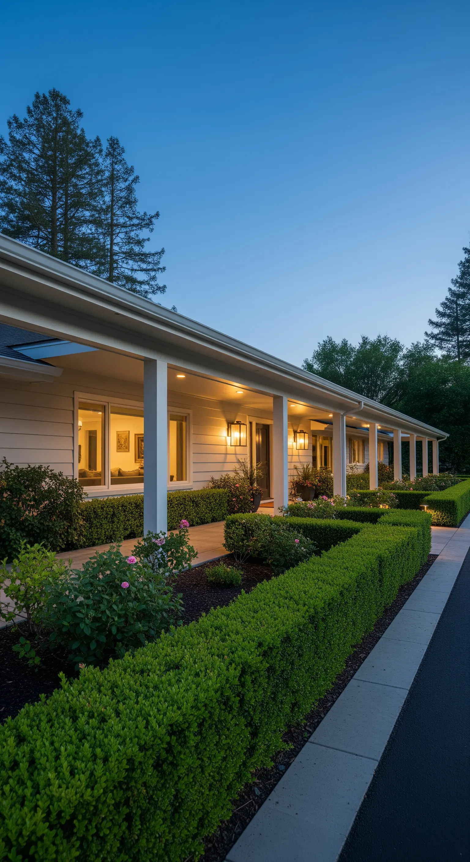 Lungo portico di una casa moderna con colonne sottili e piccole luci a parete equidistanti.