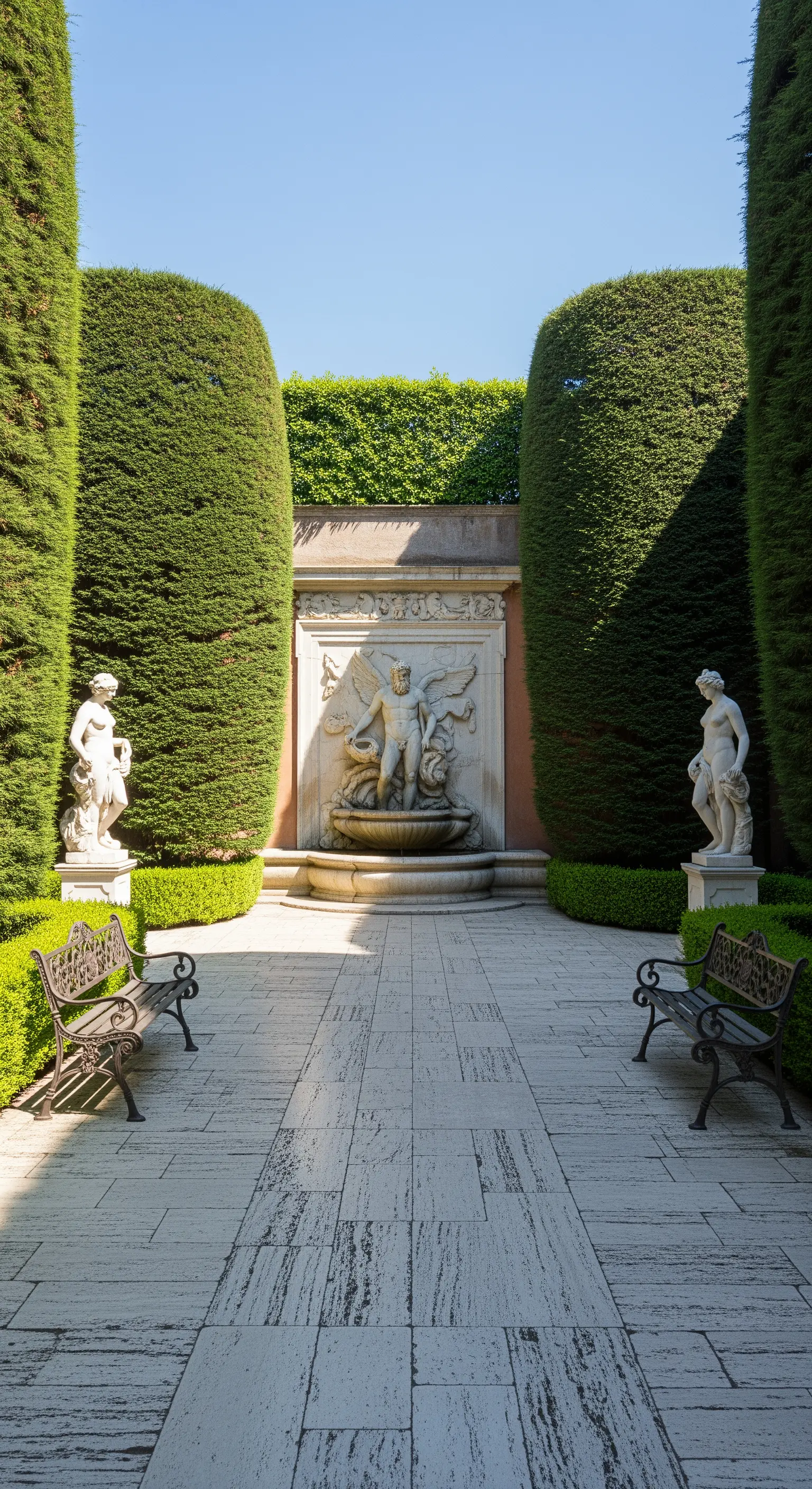 Cortile intimo con alte siepi, fontana a muro con bassorilievo e due panchine in ferro.