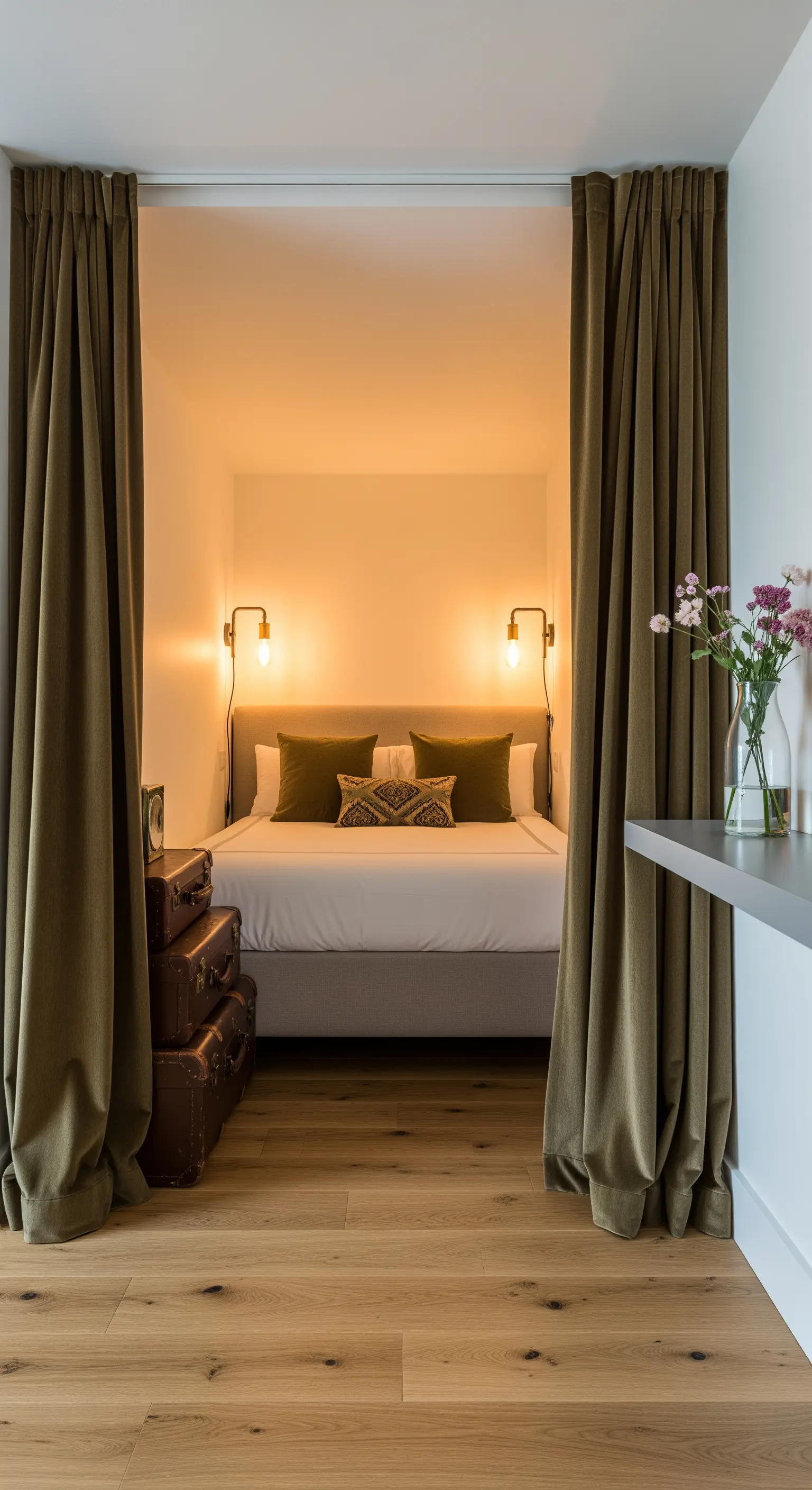 Letto in una nicchia incorniciato da tende in velluto, con valigie vintage come comodino.