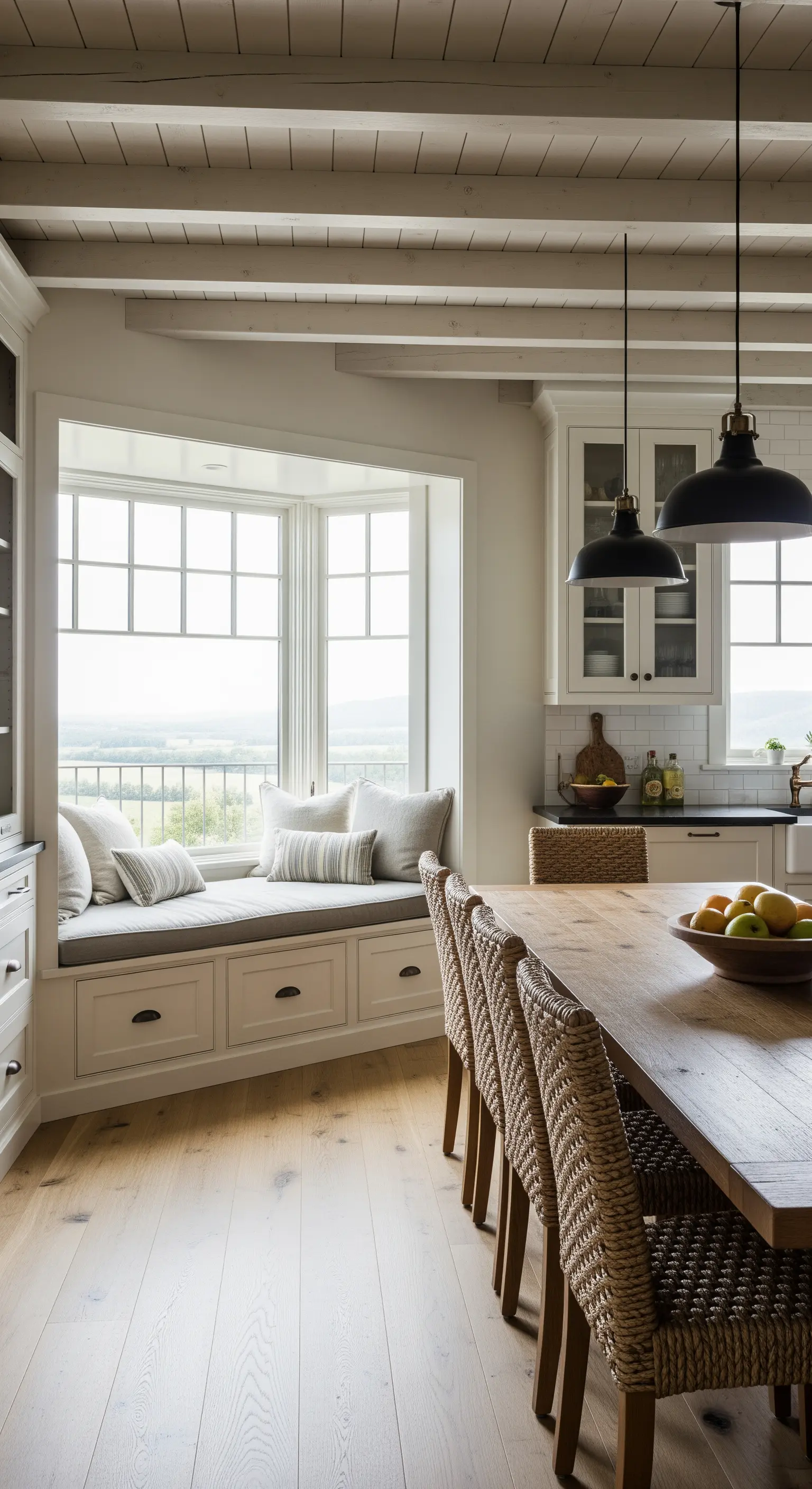 Panca con cuscini integrata sotto una grande finestra panoramica in una cucina luminosa.