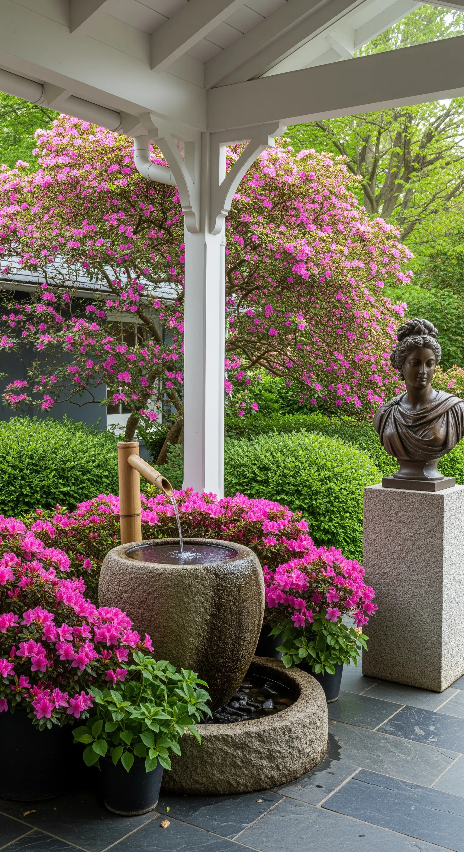 Angolo di un portico con busto in bronzo, fontana in pietra e azalee fucsia.