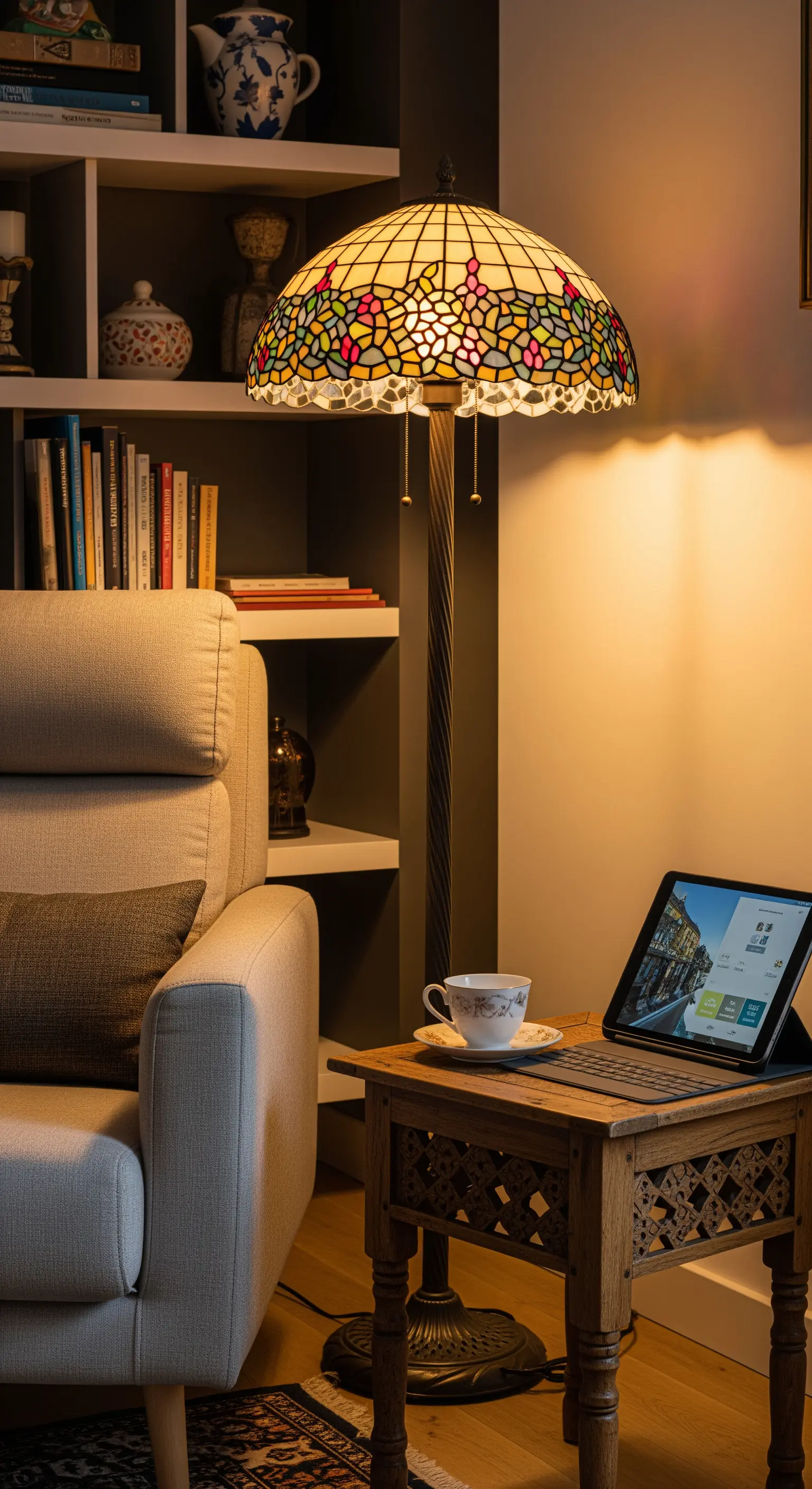 Angolo lettura con poltrona, tavolino in legno e una lampada da terra in stile Tiffany accesa.