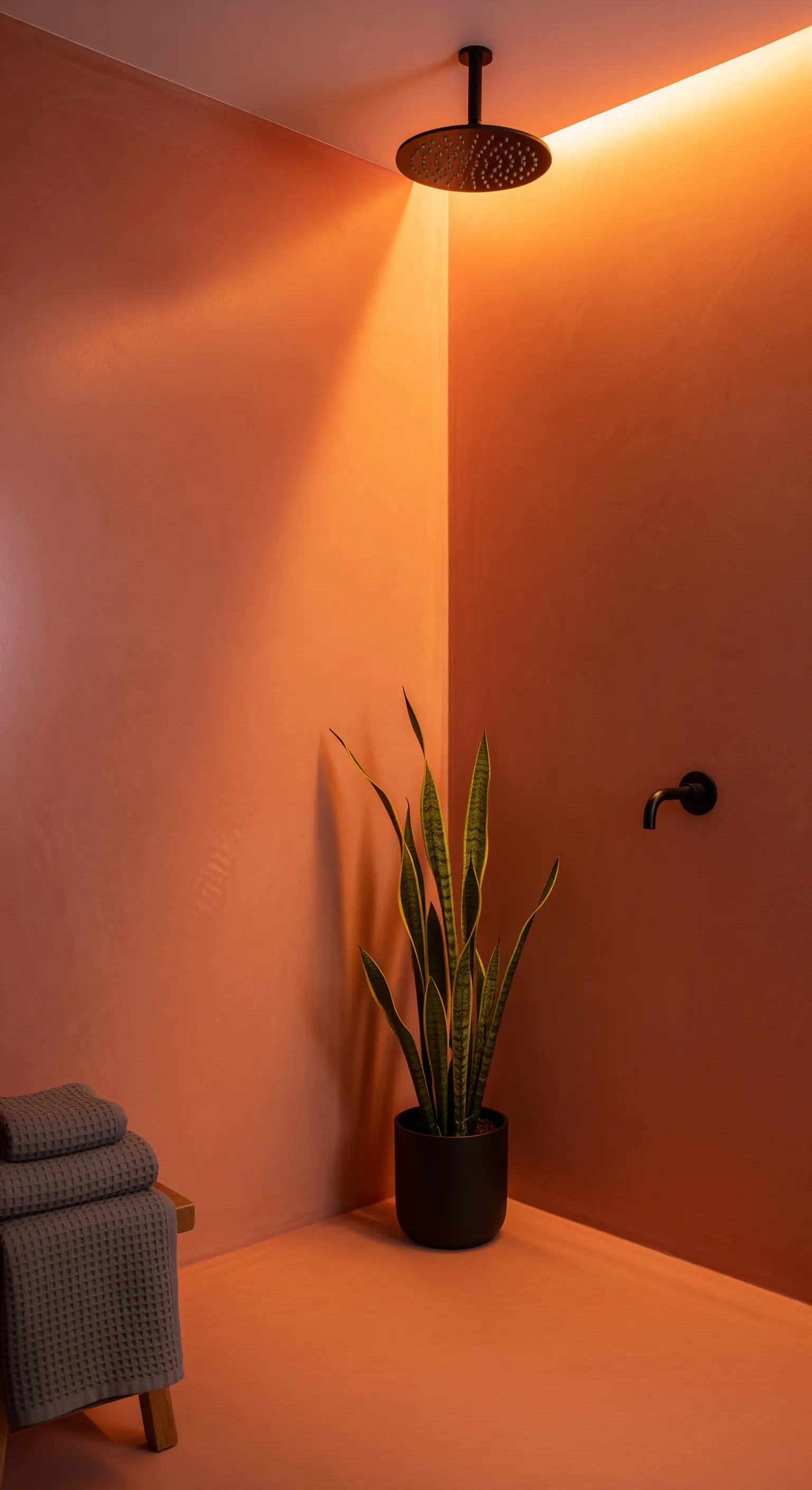 Doccia moderna in microcemento color terracotta, illuminata da un faretto e con una sansevieria.