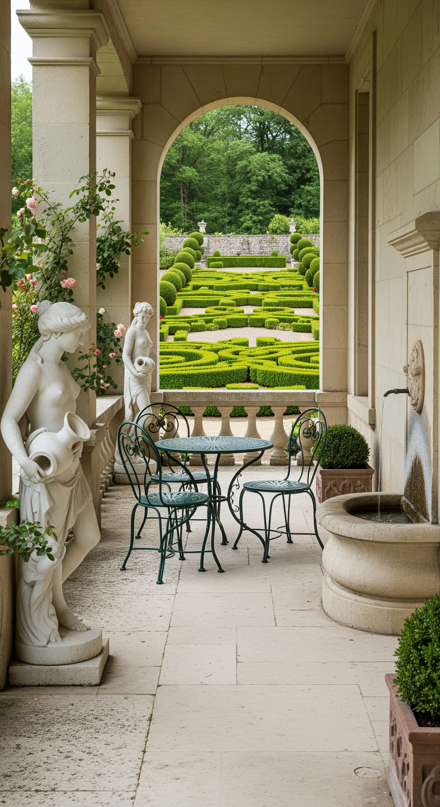 Angolo relax in veranda con set da bistrot verde, statue e fontana a muro, vista su giardino formale.