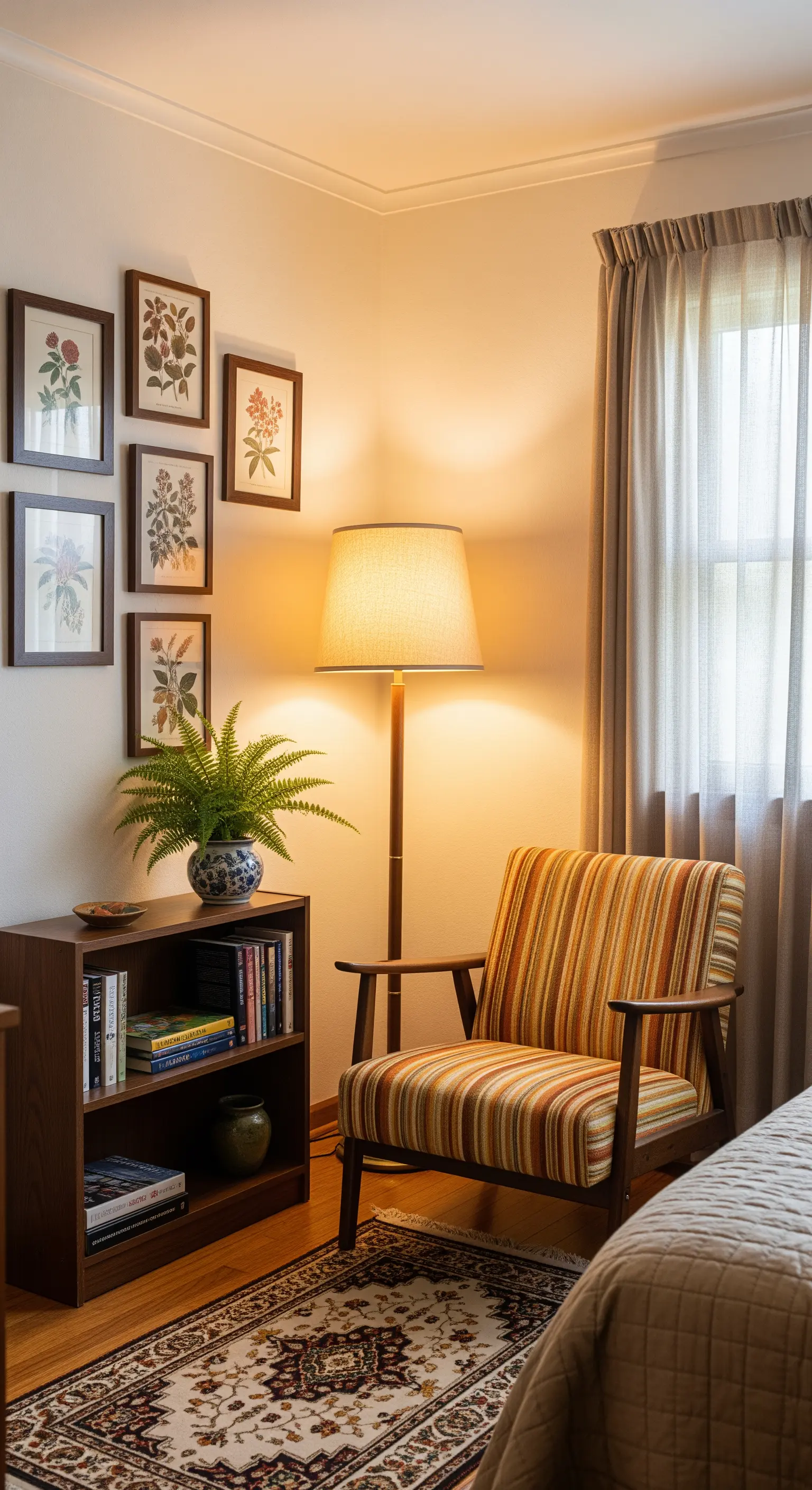 Angolo lettura con poltrona a righe, lampada da terra e stampe botaniche incorniciate.