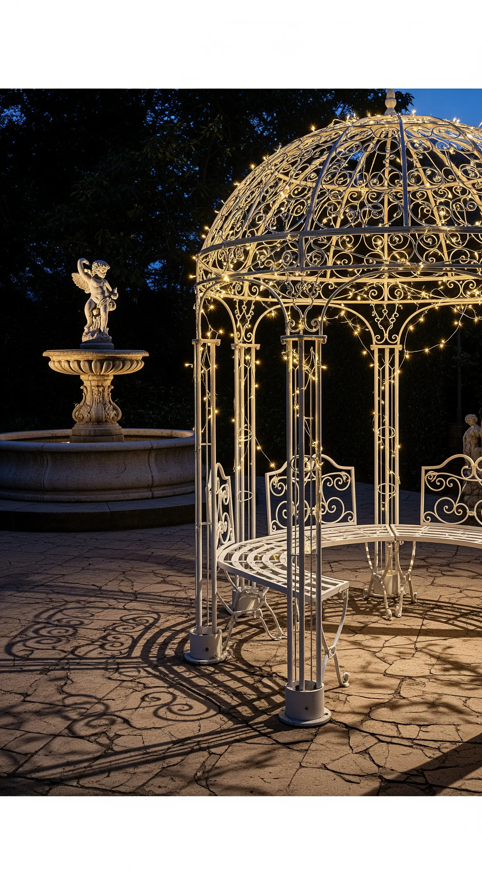 Gazebo in ferro battuto bianco decorato con fili di luci calde, con tavolo e sedie all'interno.