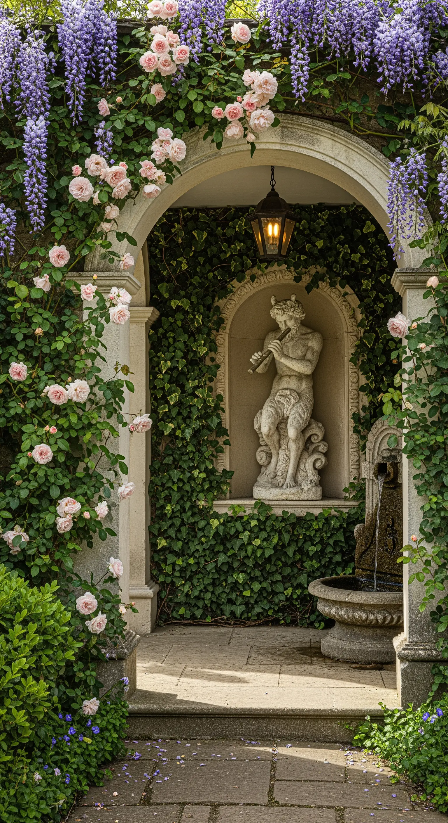 Nicchia in un giardino con statua di Pan, incorniciata da rose rampicanti rosa e glicine viola.