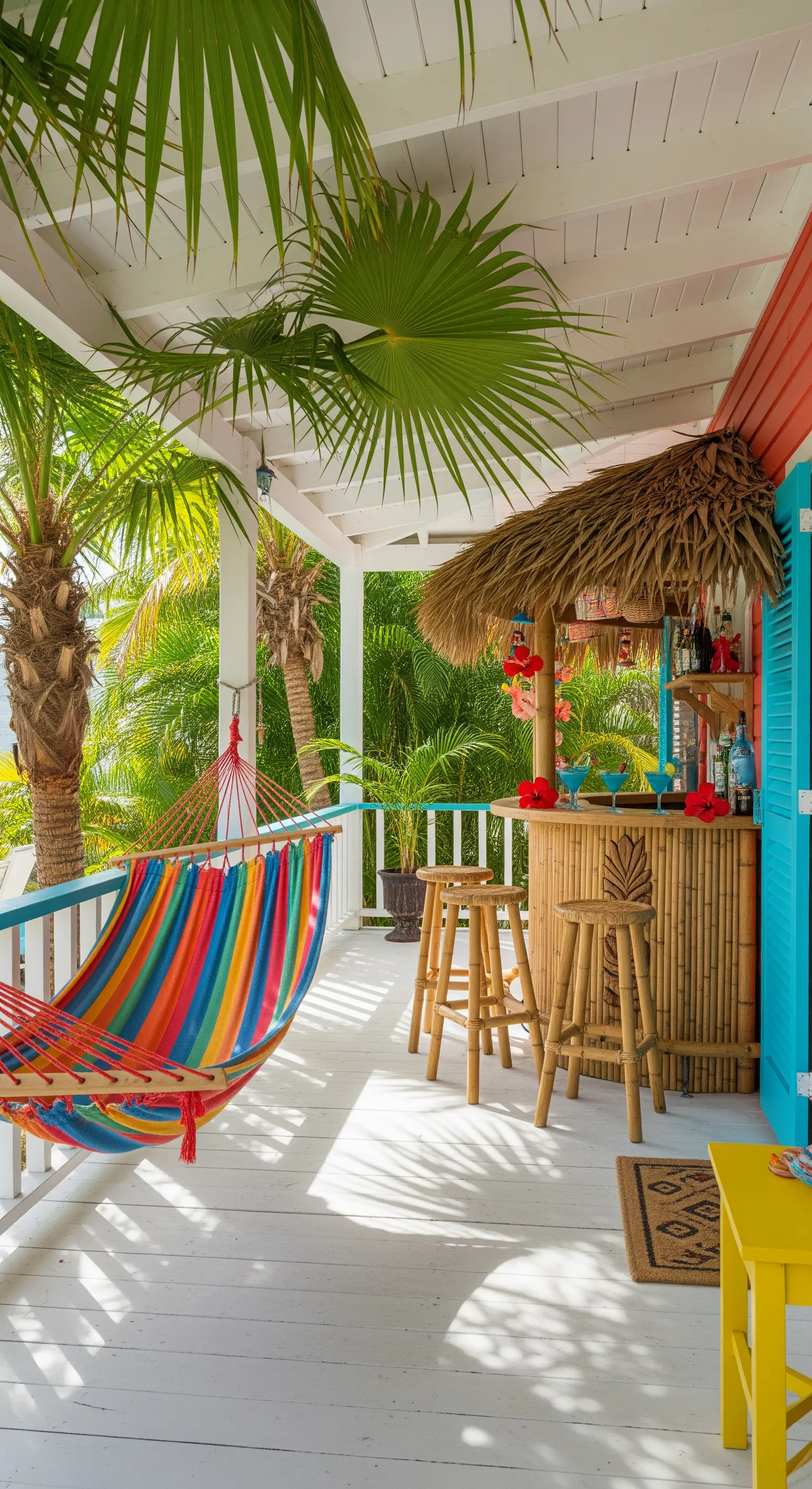 Portico bianco con un angolo bar tiki in bambù, sgabelli e un'amaca a righe colorate