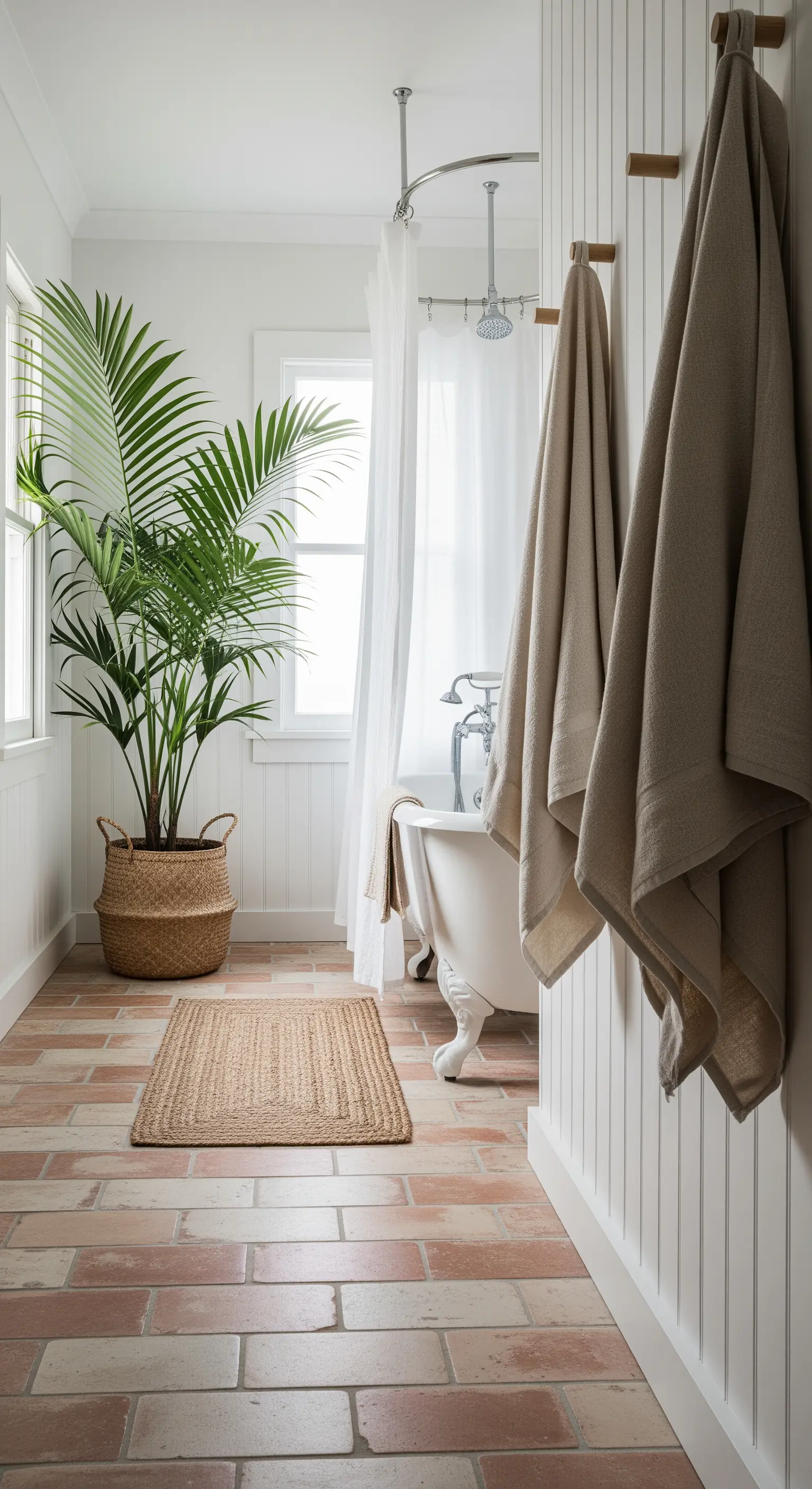 Bagno stretto e lungo con pavimento in cotto, pareti bianche perlinate e una grande palma.