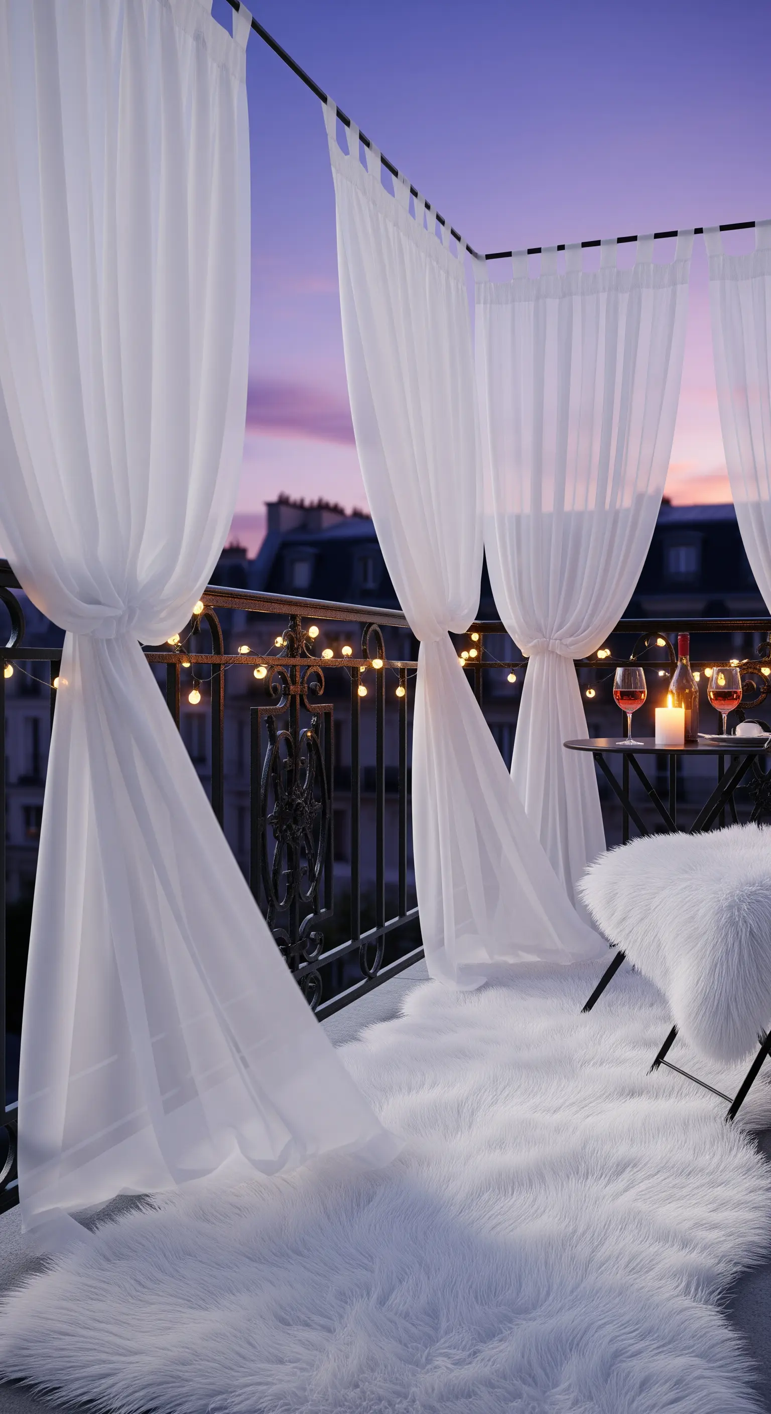 Balcone parigino al crepuscolo con tende bianche, tappeto in pelliccia sintetica e luci calde.