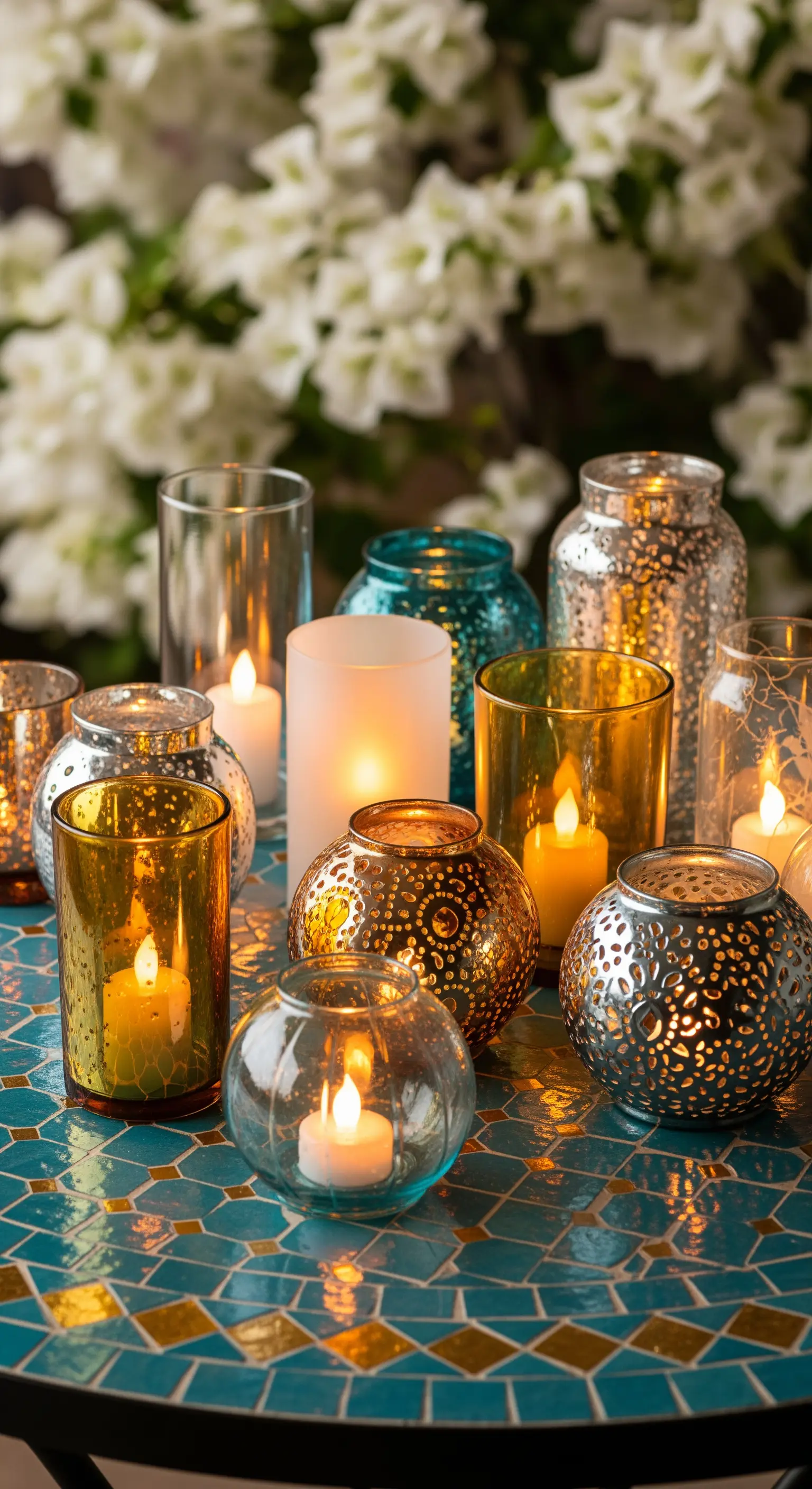 Tavolo a mosaico con un gruppo di portacandele in vetro e metallo.