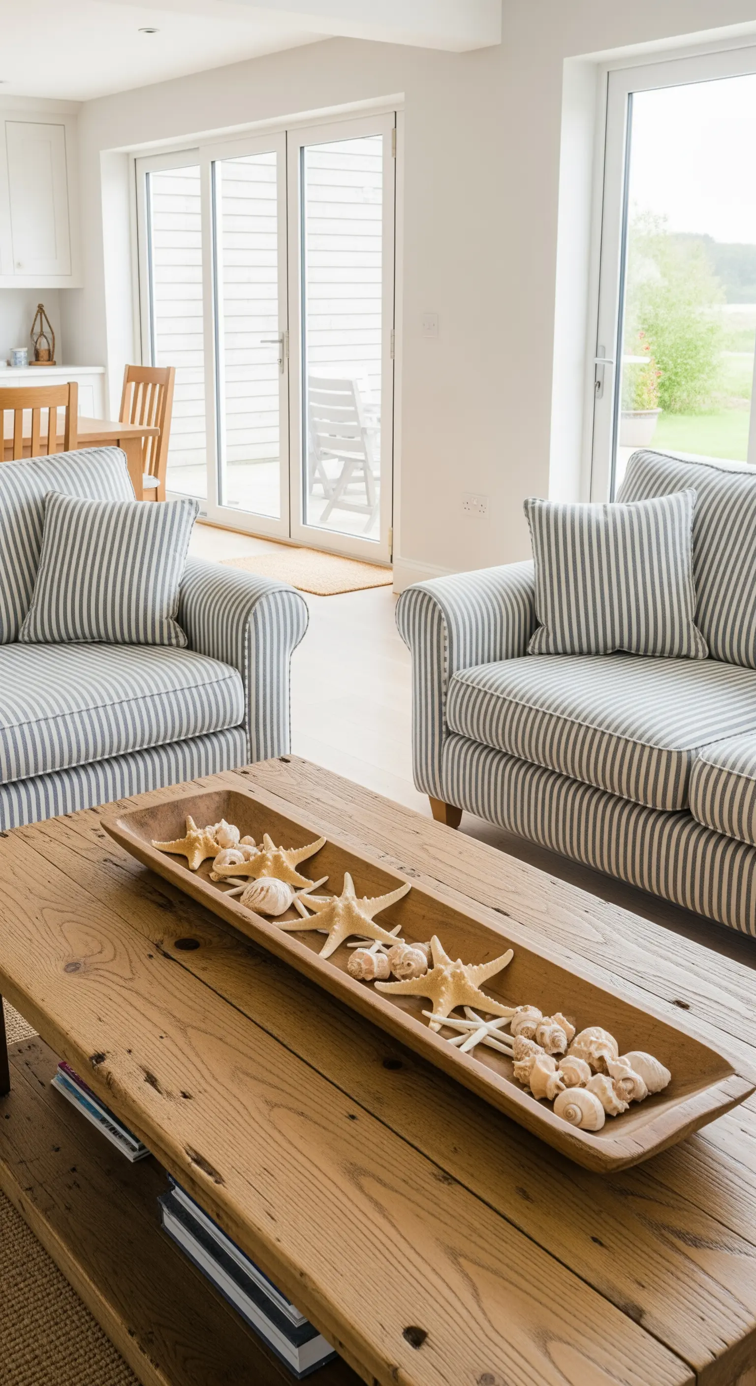 Vassoio in legno su un tavolino con stelle marine e conchiglie decorative.