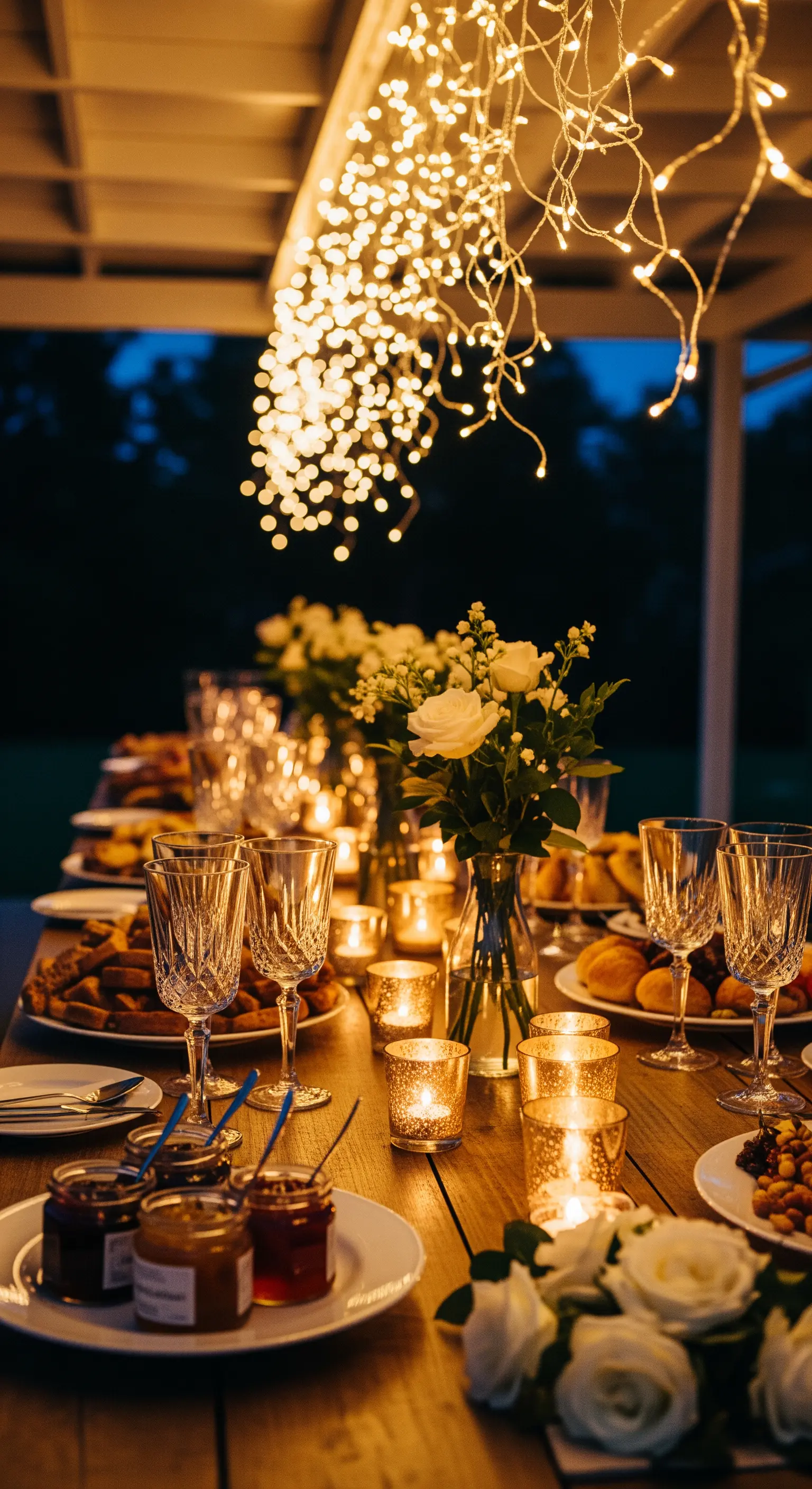 Tavolo da buffet serale illuminato da una cascata di lucine e da candele.