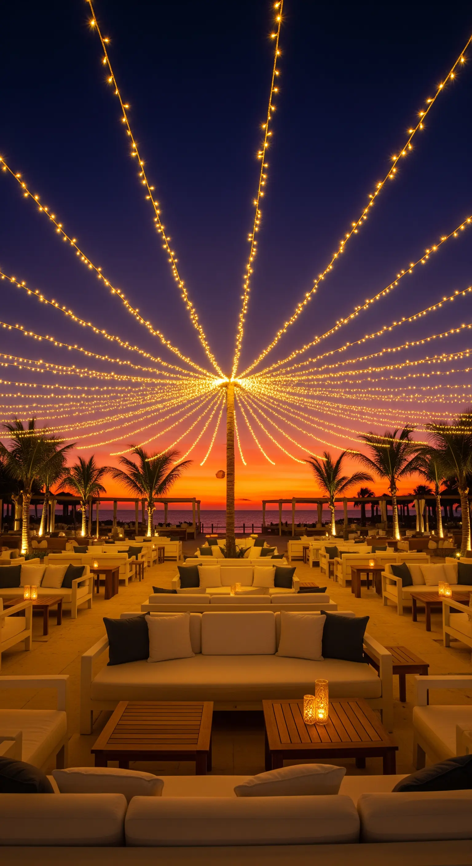 Grande lounge all'aperto con divani bianchi sotto un tetto di lucine al tramonto.