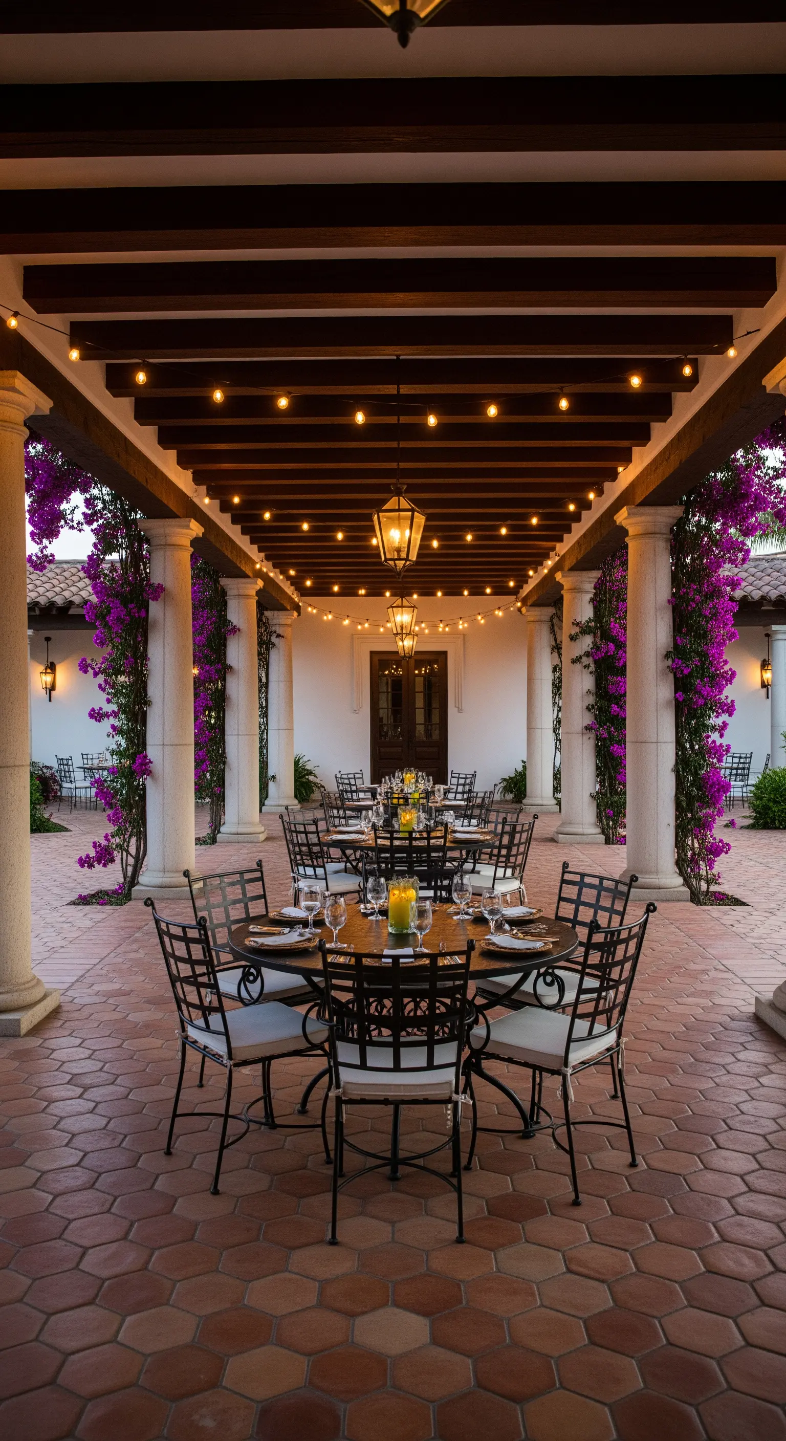 Cortile con tavoli rotondi illuminato da catene di luci e lanterne appese a una pergola scura