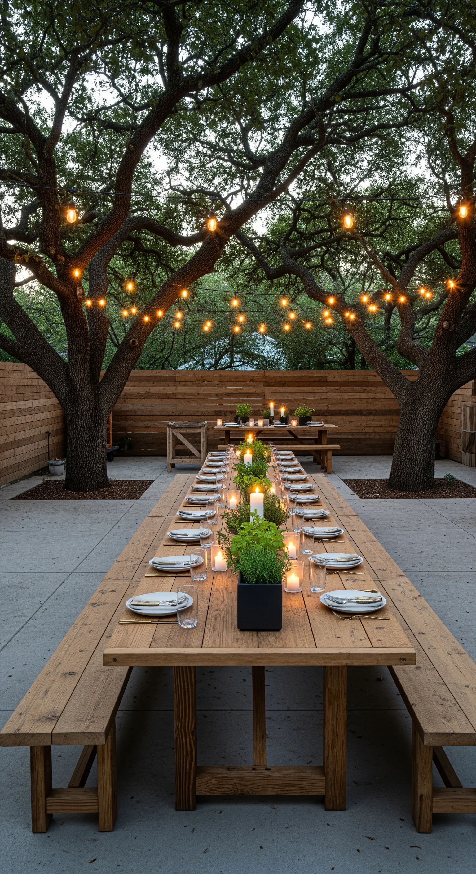 Lunga tavolata in legno per una cena all'aperto tra due querce, con luci sospese.