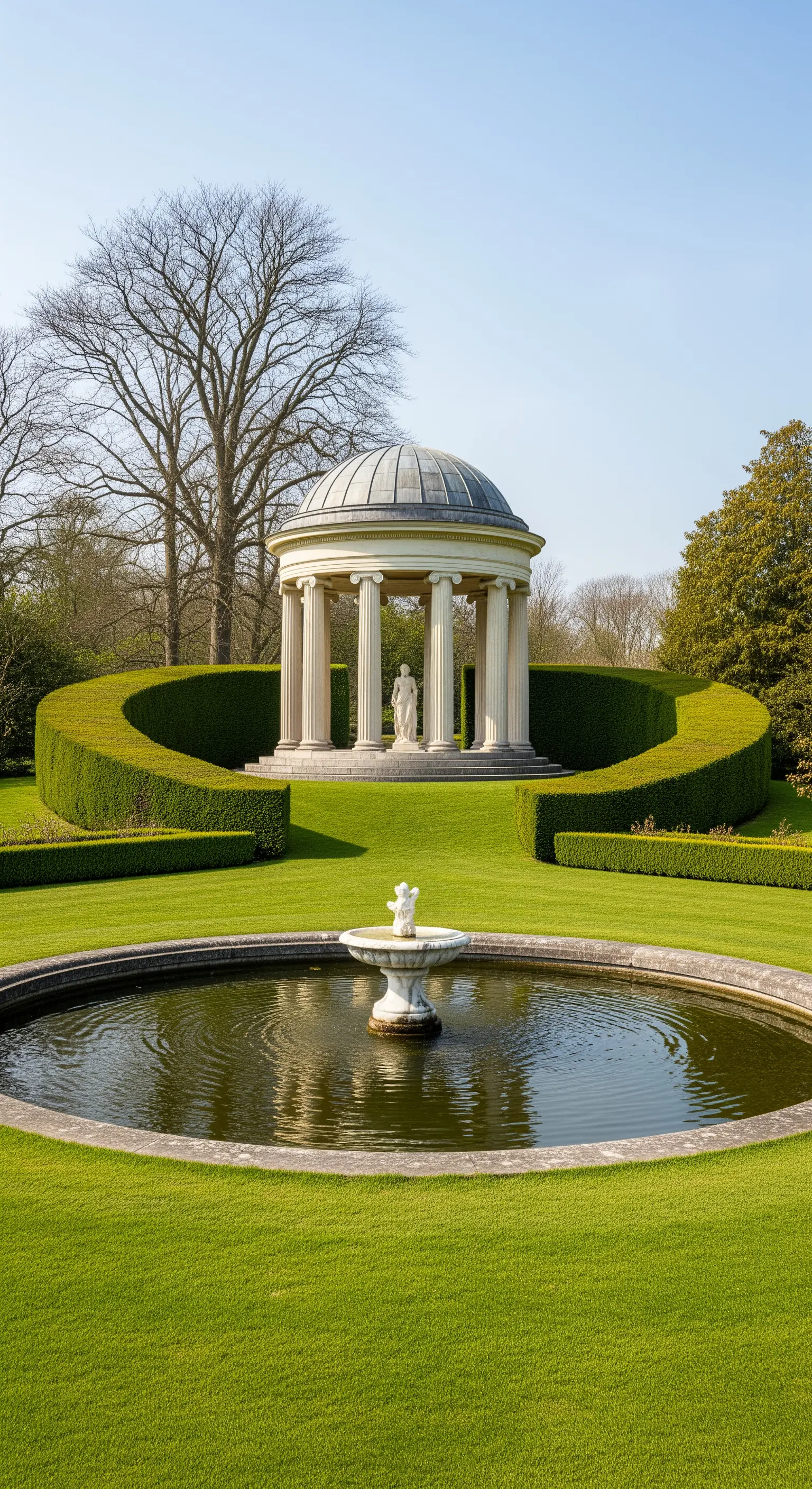 Tempio classico rotondo con colonne su una collina che domina un laghetto con fontana.